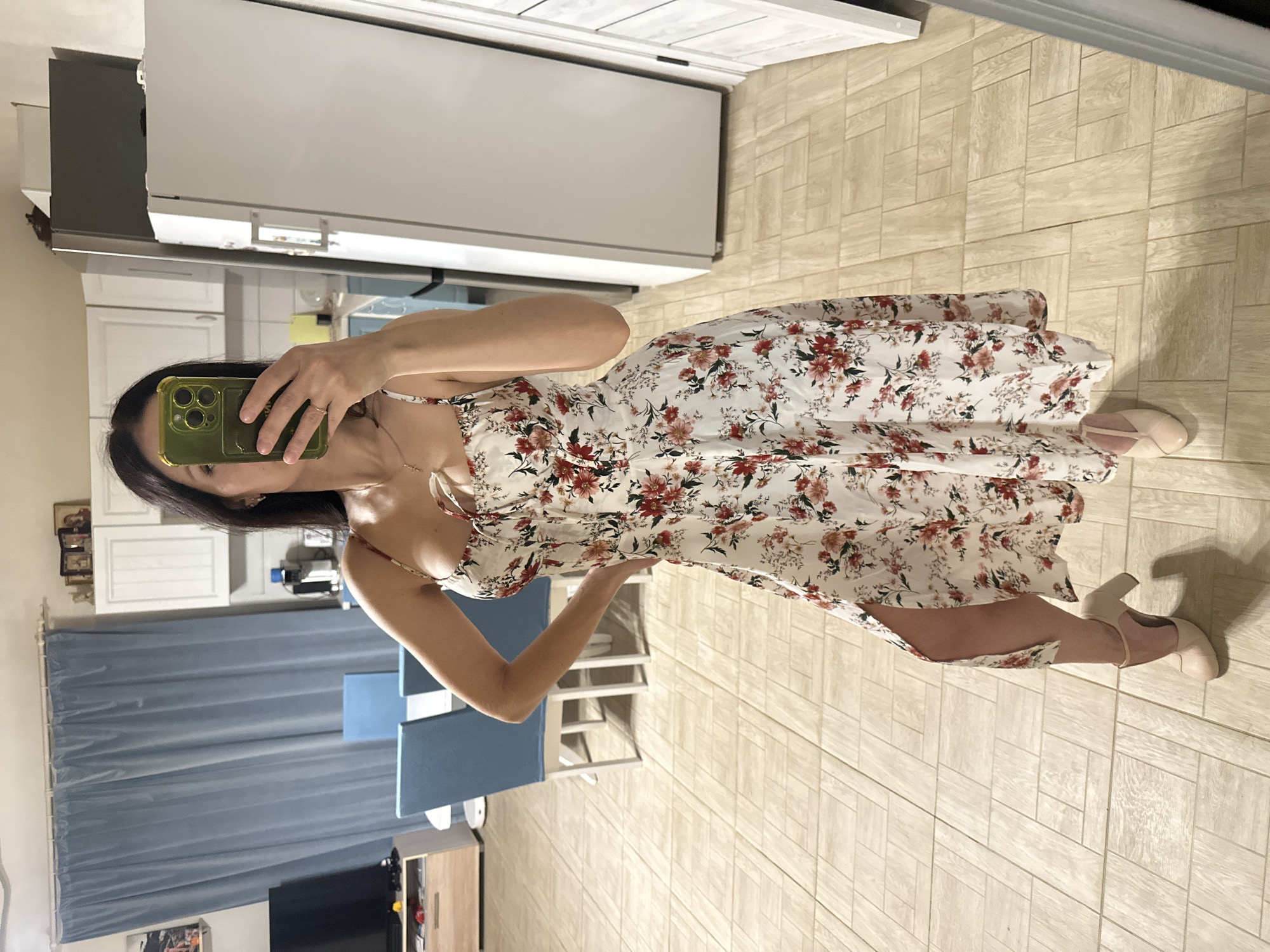 Woman documented in casual indoor moments across two locations