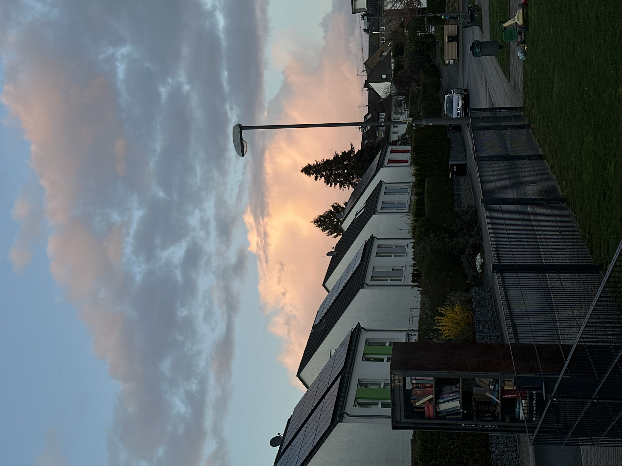 Twilight street scene captured in residential Essen, Germany