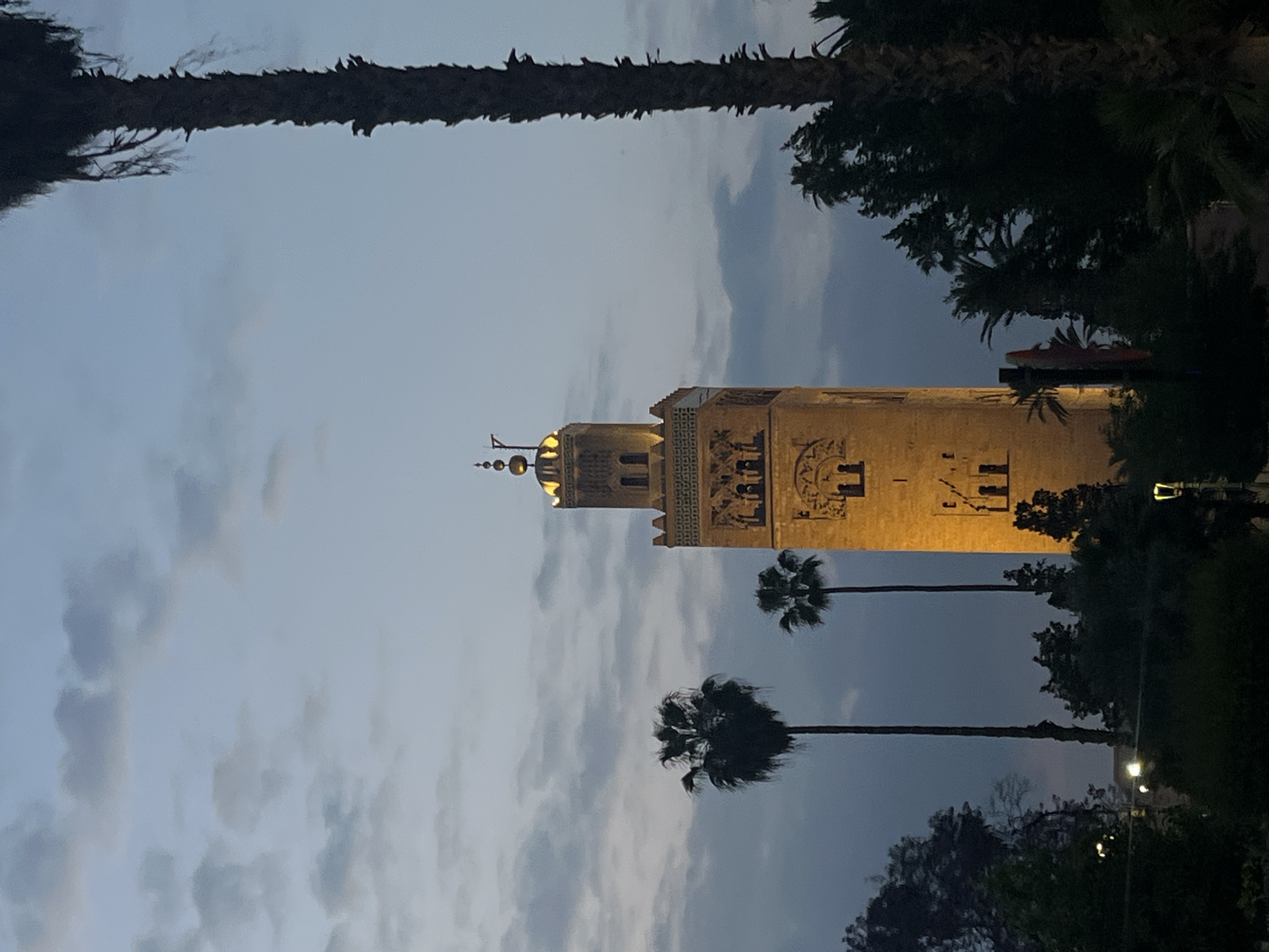 Koutoubia Mosque minaret glows golden at twilight in Marrakesh