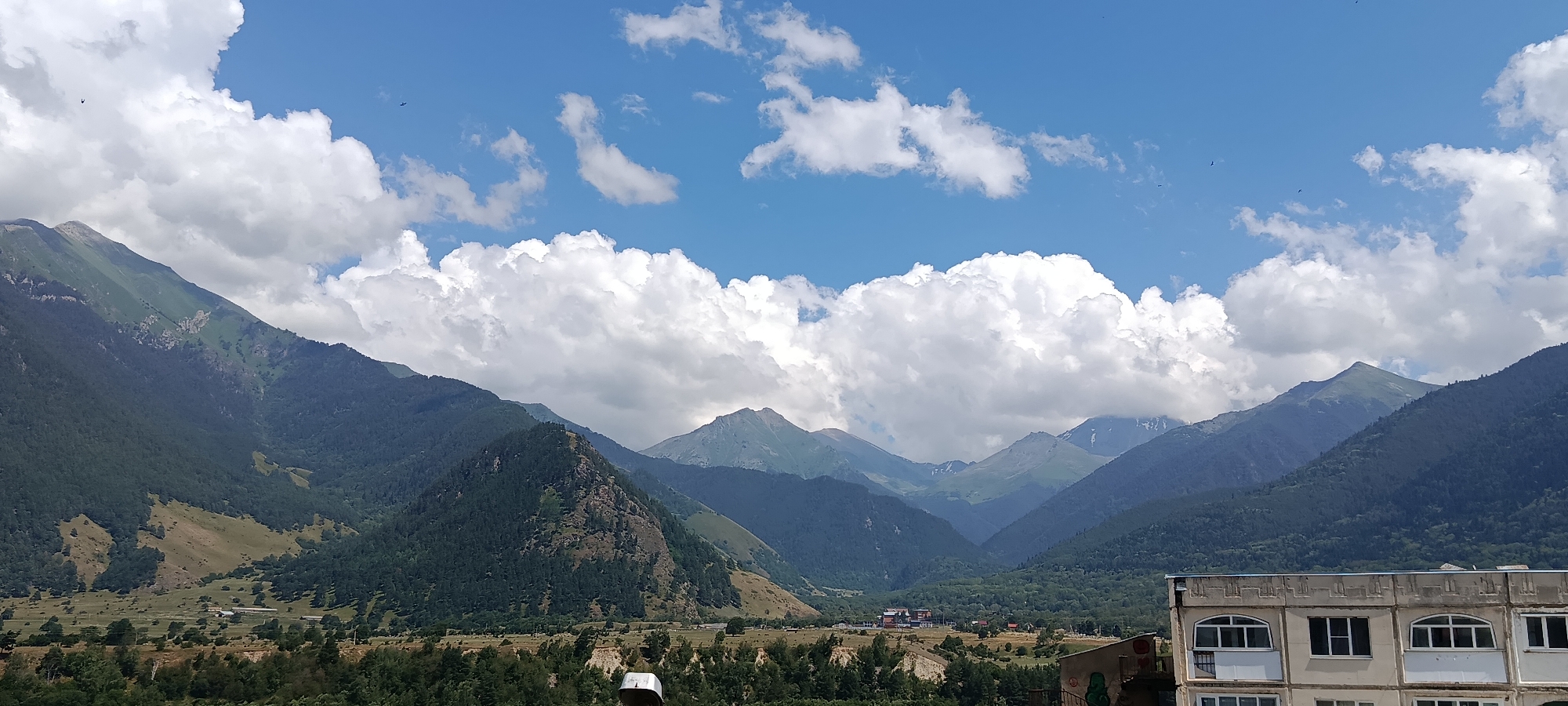 Panoramic views of Teberda's mountain valley on a clear morning