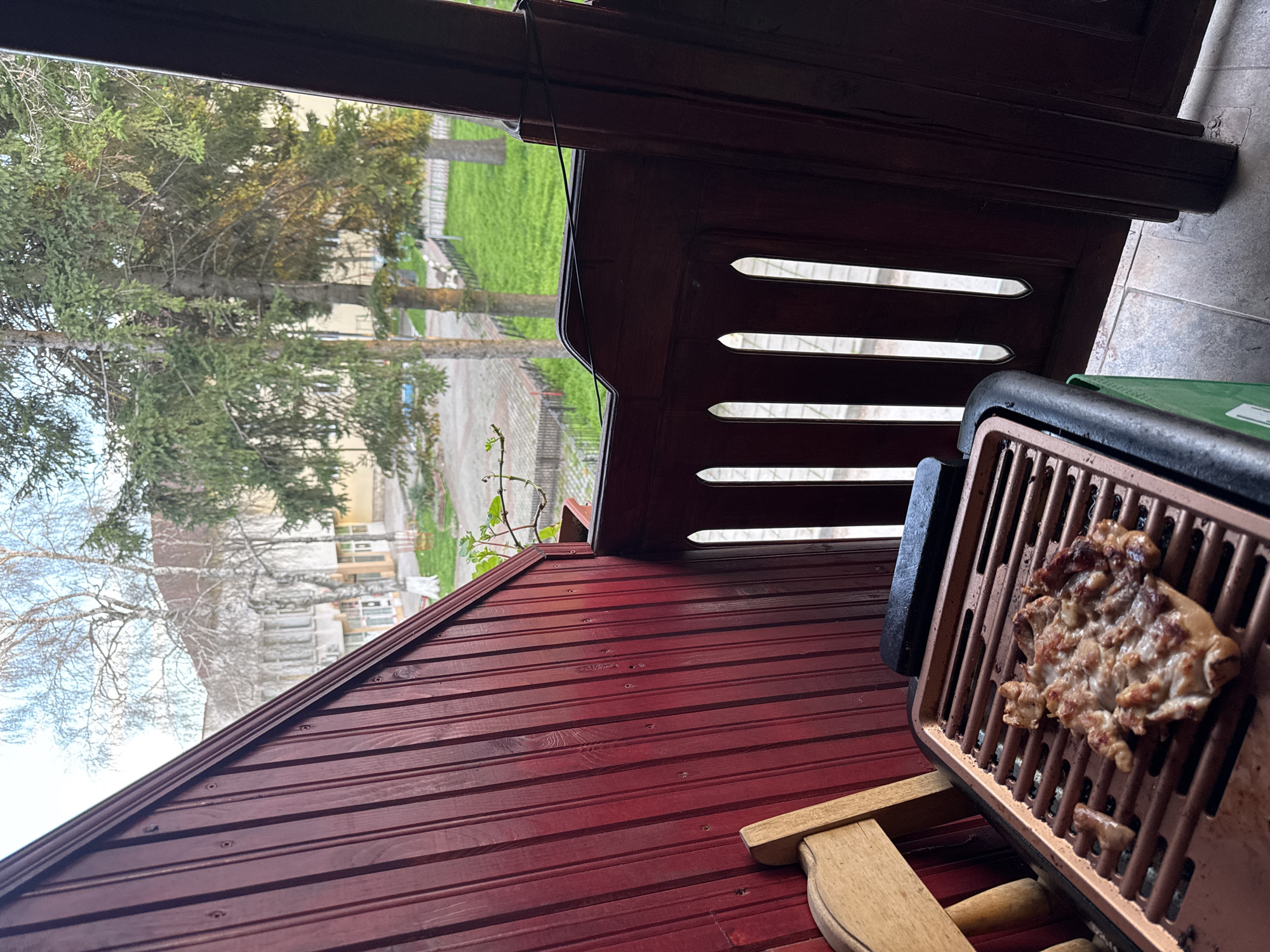 Outdoor grilling observed outside red-facade building in Dulovo, Bulgaria