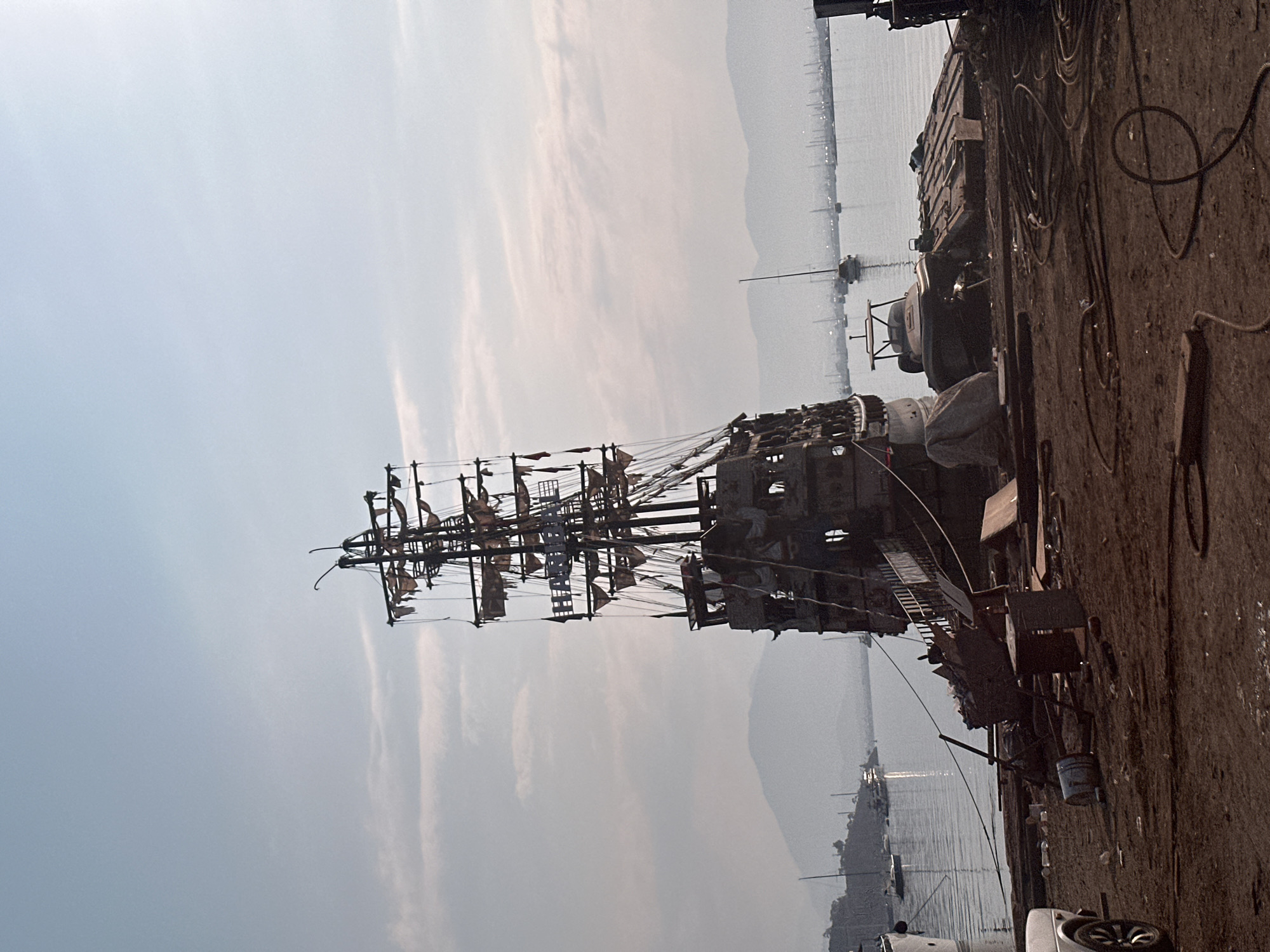 Fethiye marina at dawn, replica pirate ship in the yard