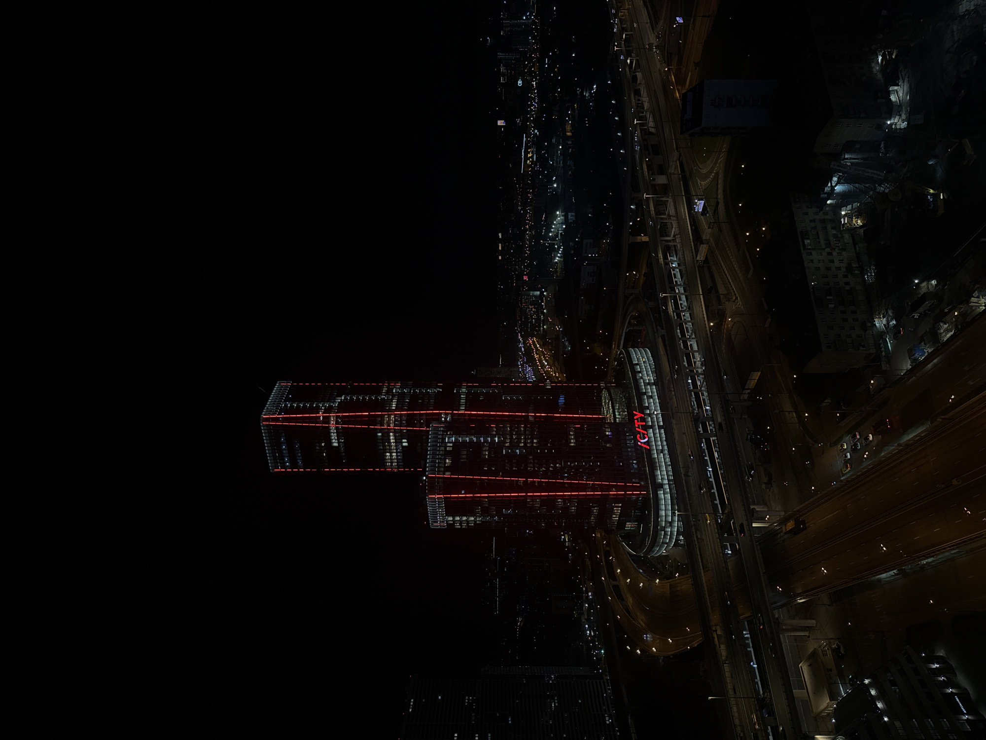 Nighttime aerial views captured of illuminated Khimki cityscape