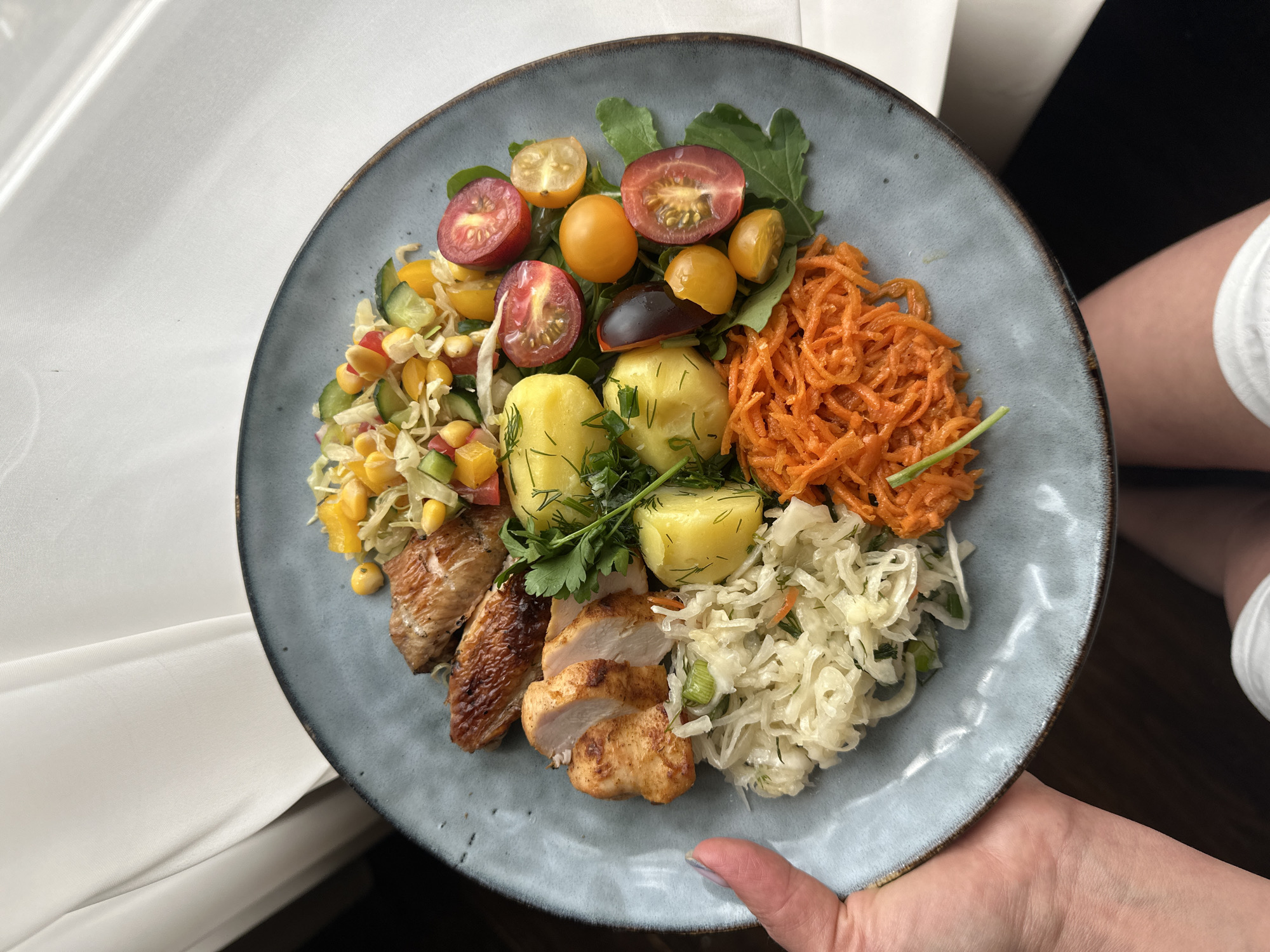 Person holds colorful meal on ceramic plate in Chaikovsky