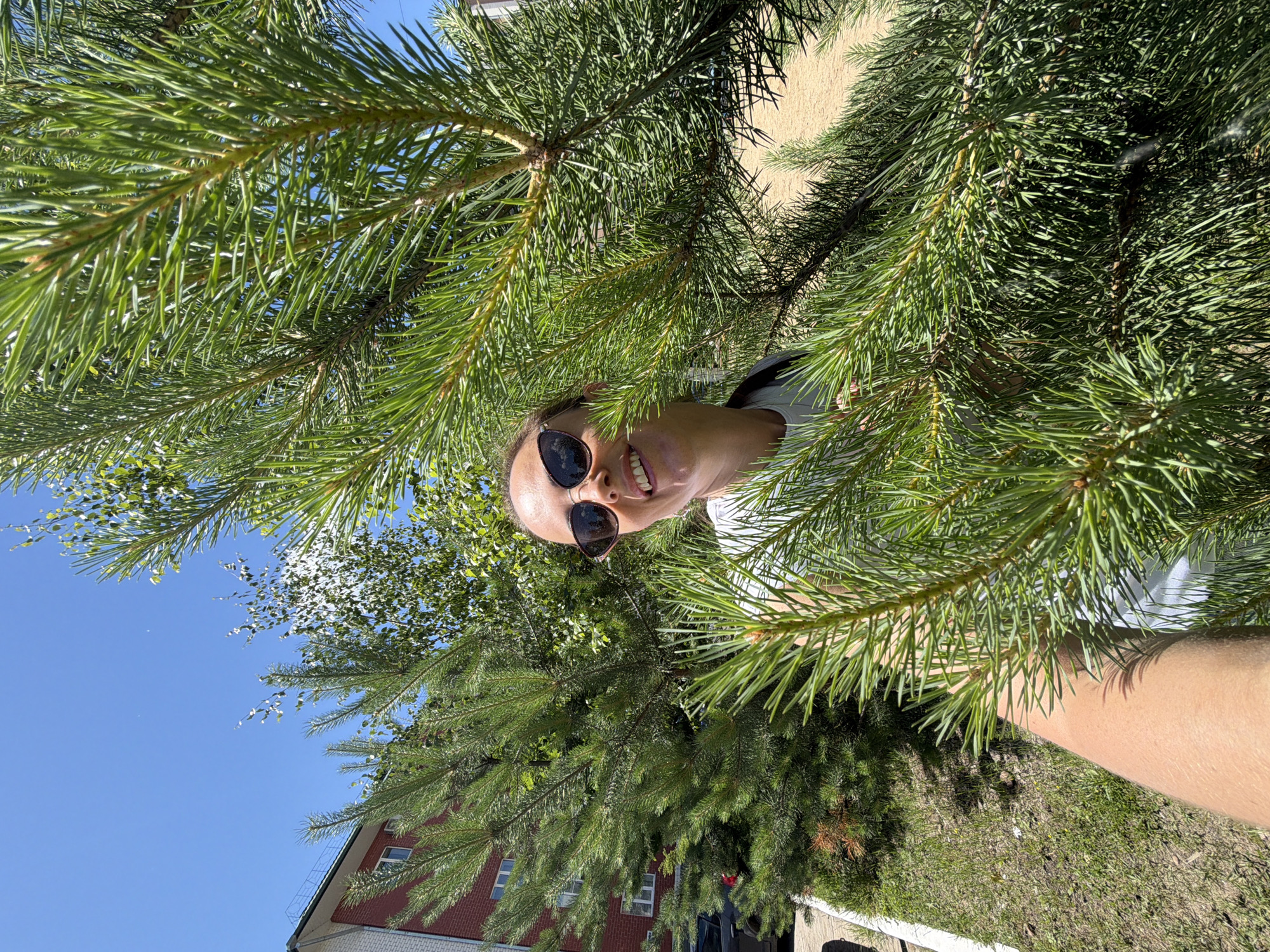 Selfie session among pine trees on a sunny Birobidzhan afternoon