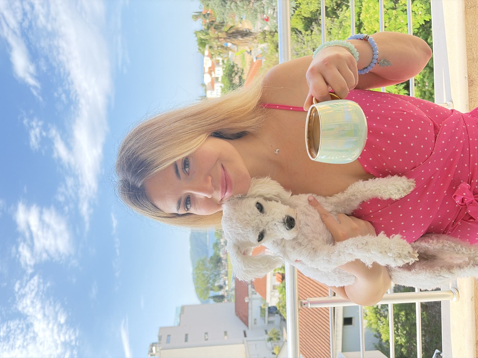 Morning coffee gathering with dog documented in Budva