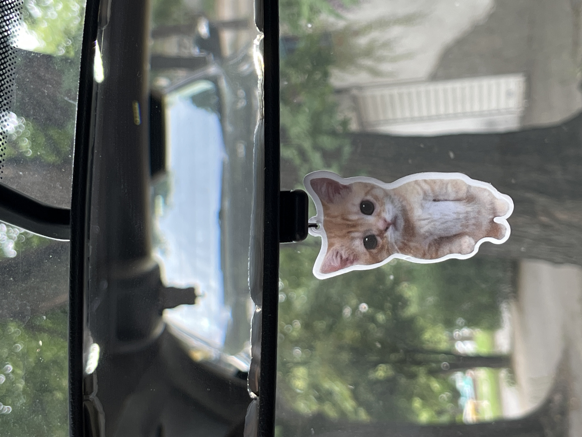 Morning traffic in Orizari, kitten ornament in the rearview