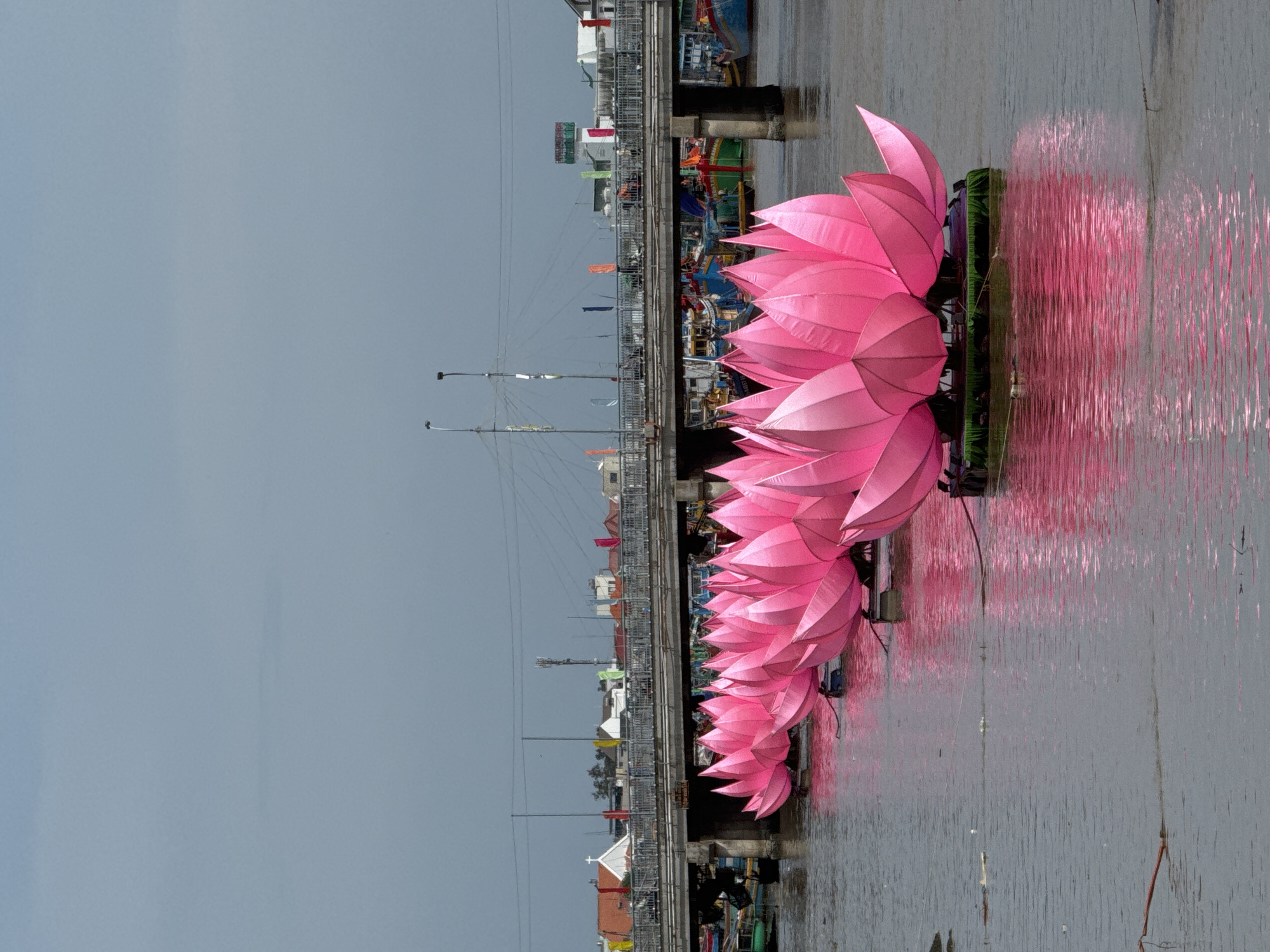 Giant pink lotus decorations line the Mui Ne River in Phan Thiết
