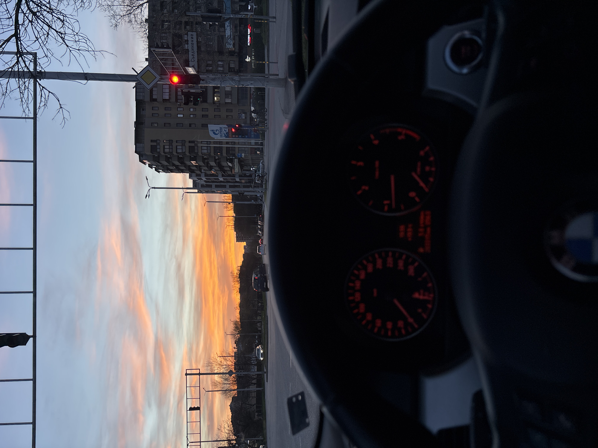 Sunset colors captured through car windshield in Plovdiv