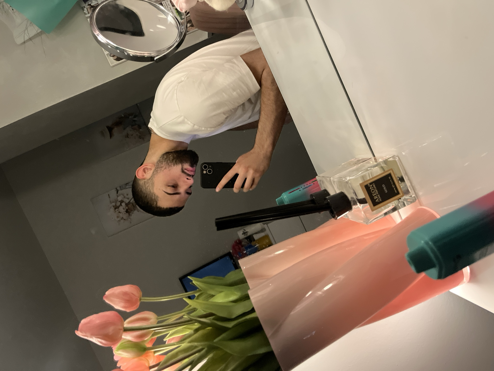 Man takes mirror selfie at vanity in Bulgaria