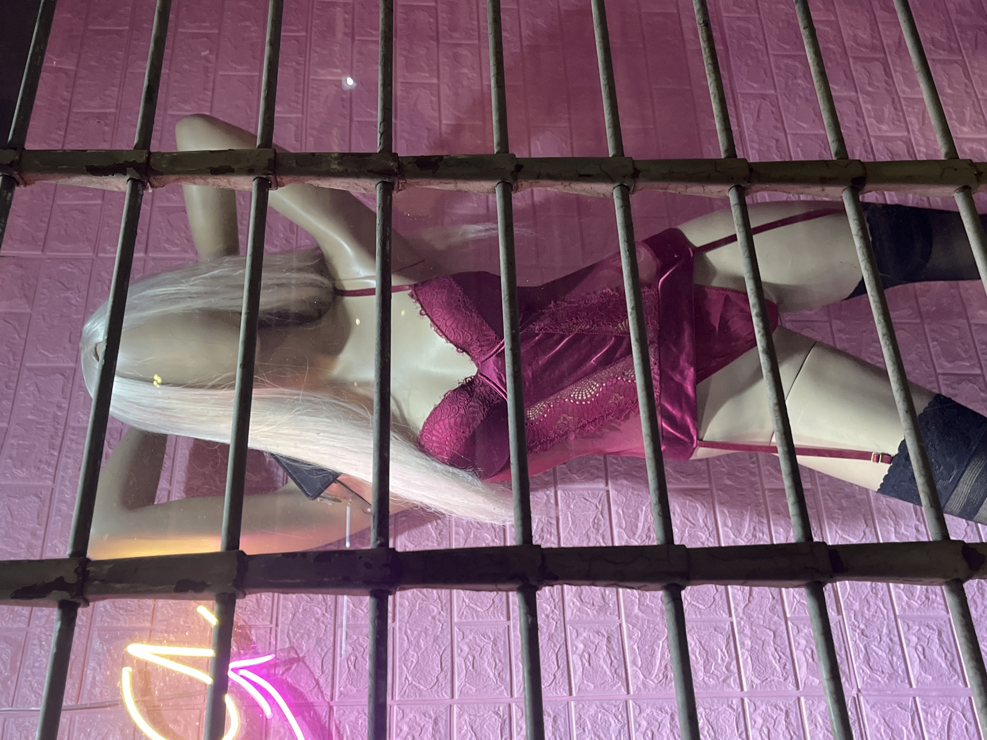 Lingerie mannequin display observed behind grating in Buenos Aires