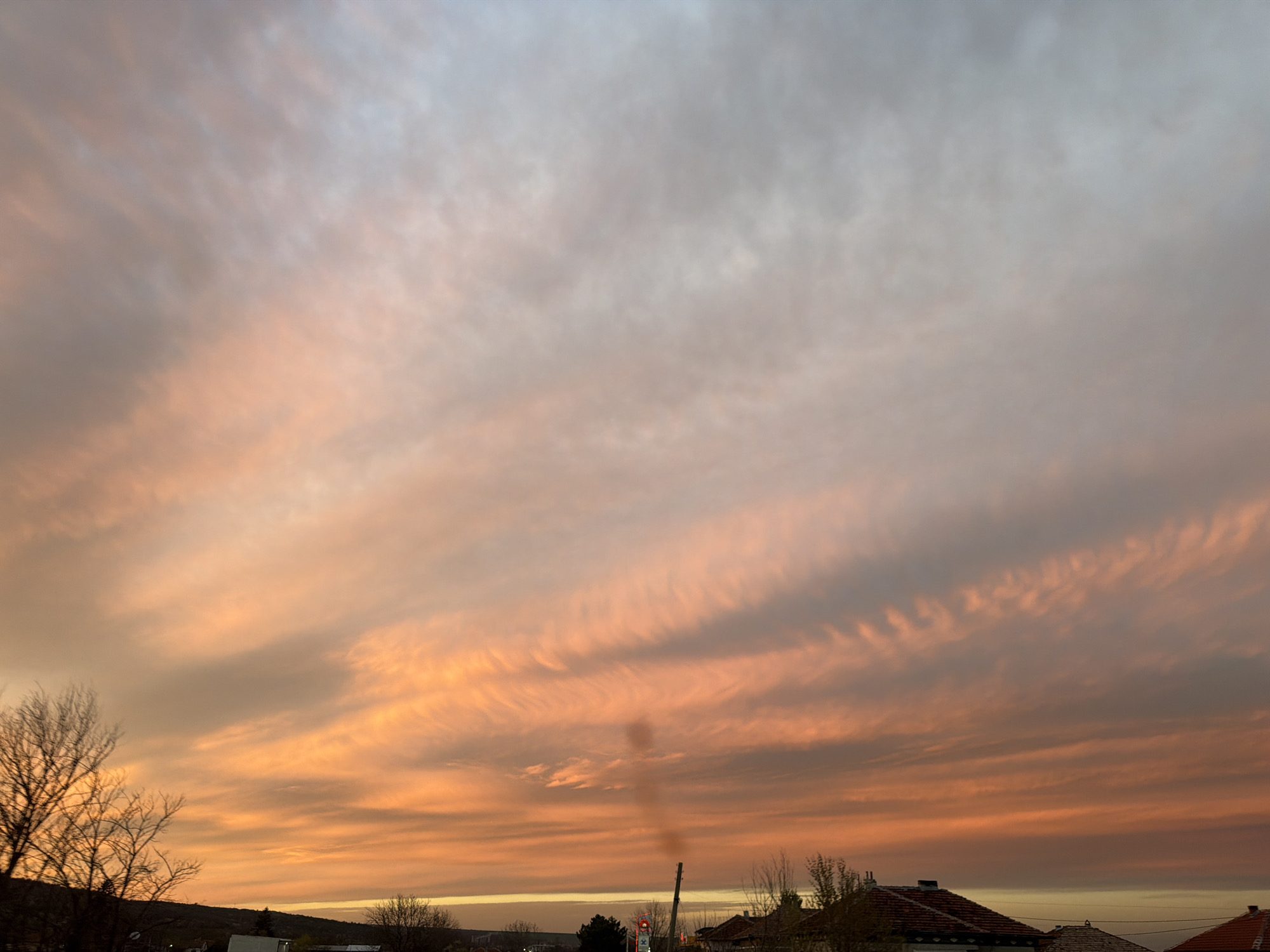Sunset observed over Radanovo village, Bulgaria with colorful clouds