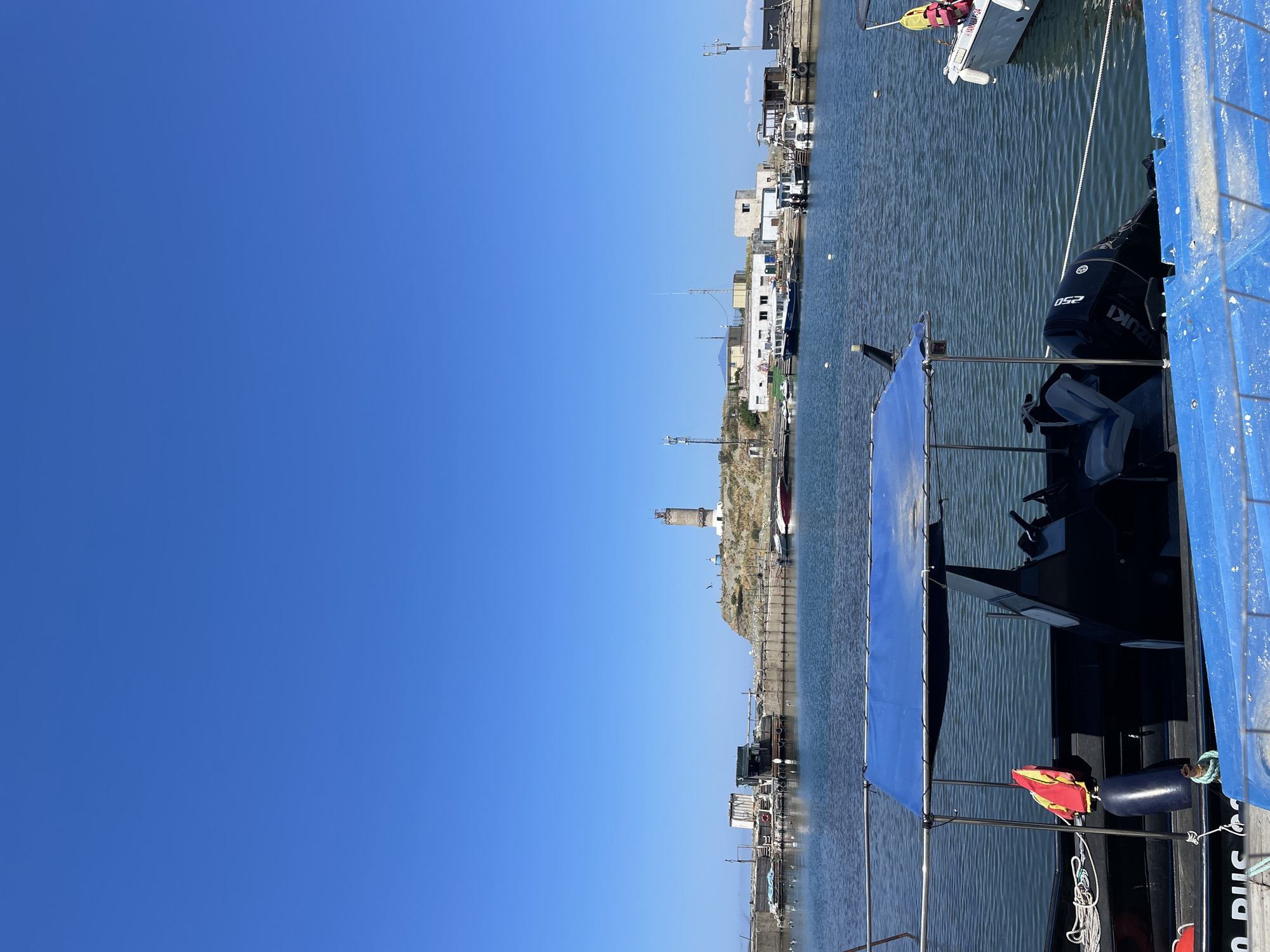 Motorboat moored on a clear day at Bol'shoi Utrish harbor
