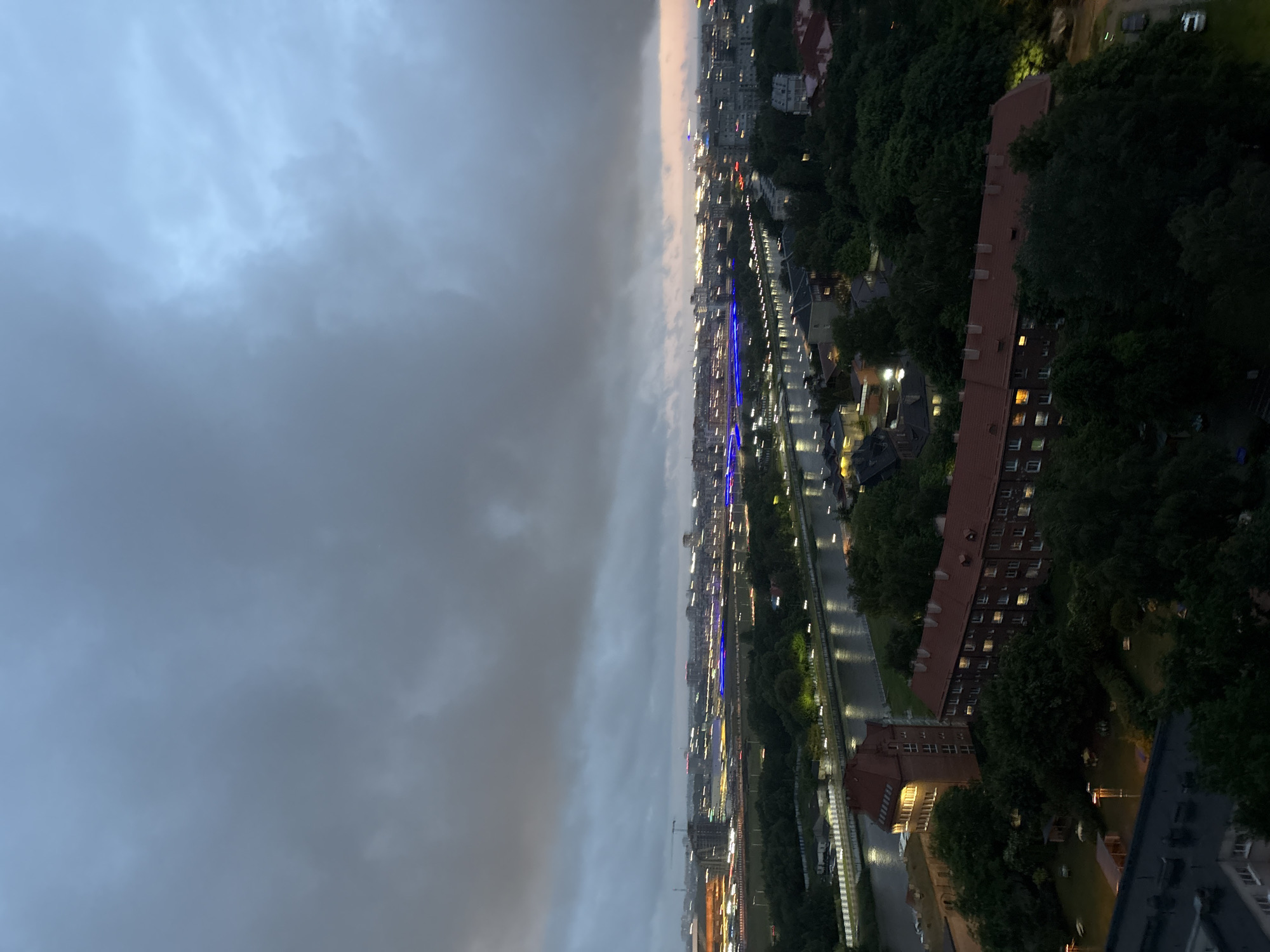 Aerial twilight views of Kaliningrad's Pregolya River captured