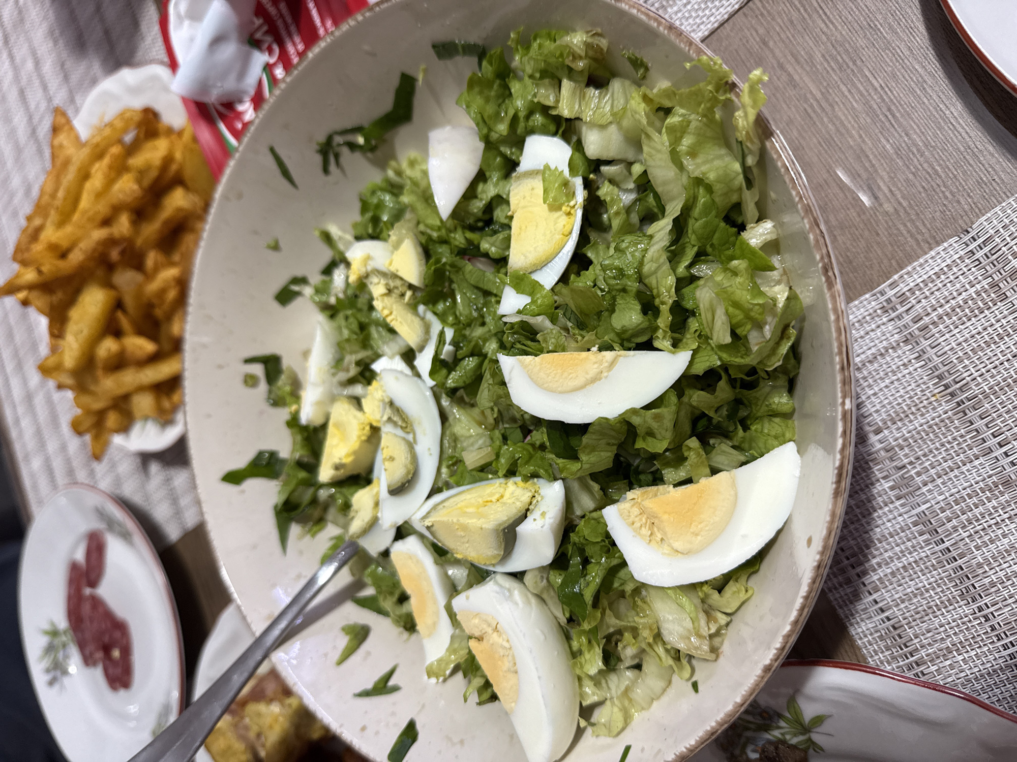 Evening meal with salad and fries documented in Sofia