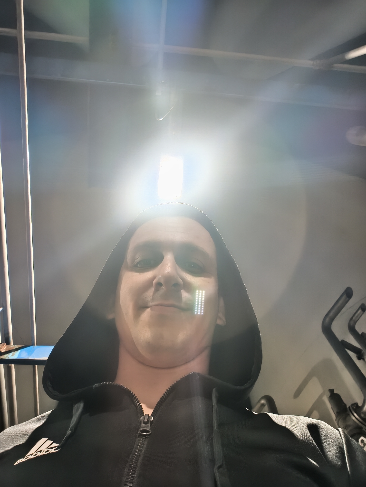 Late-night industrial facility visit documented with coffee and selfies