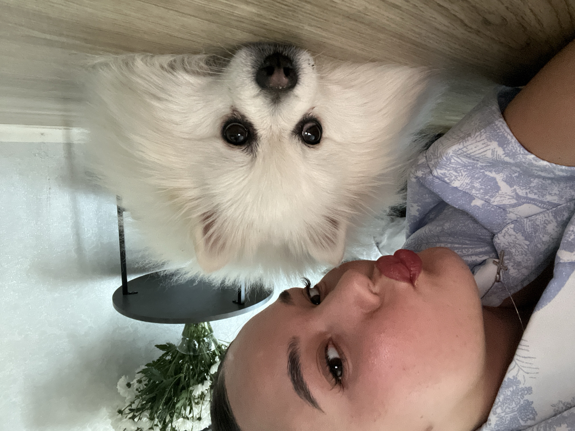 Woman Takes Selfie With White Dog in Лобаново