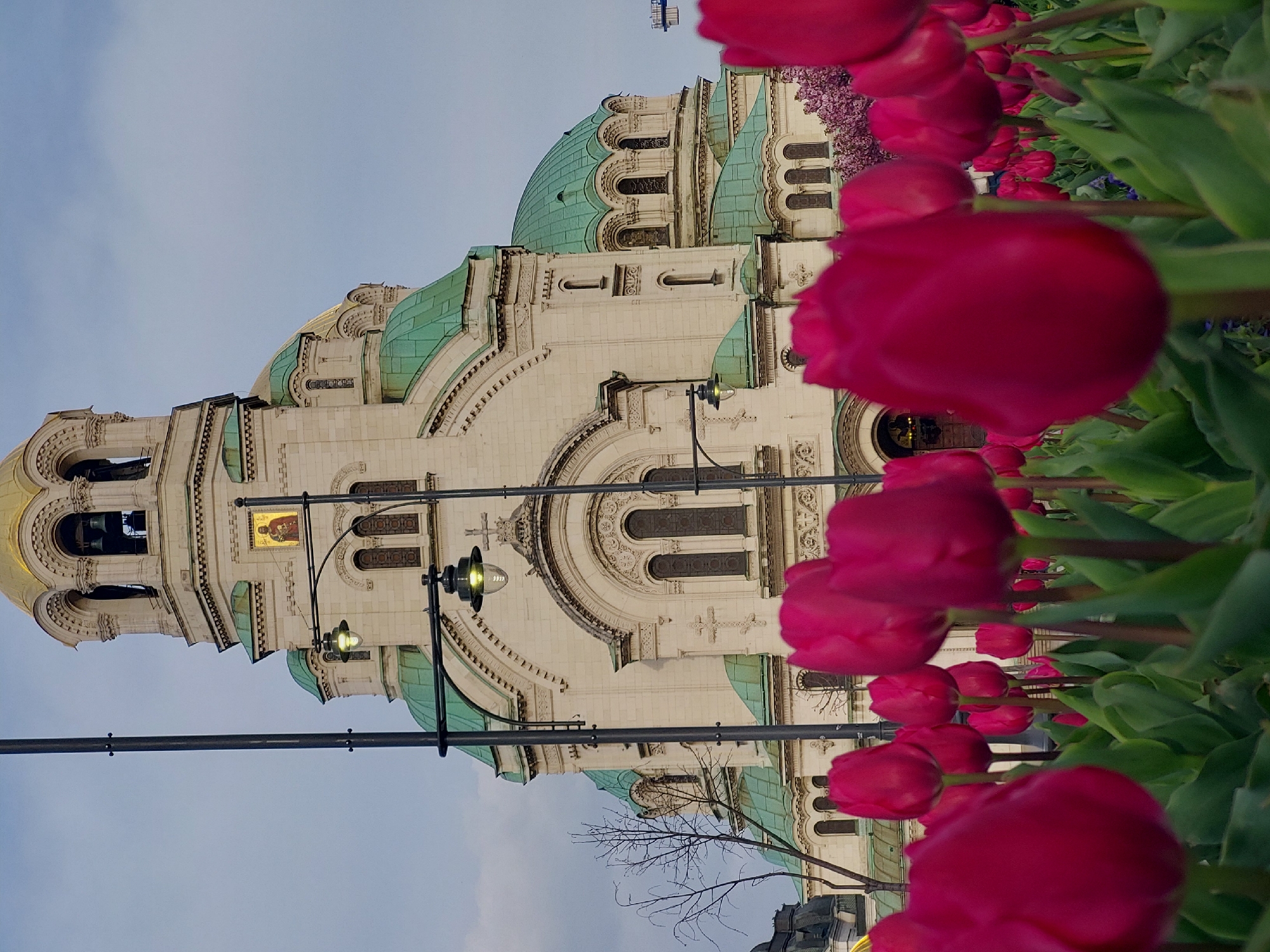 Spring tulips bloom around Alexander Nevsky Cathedral in Sofia