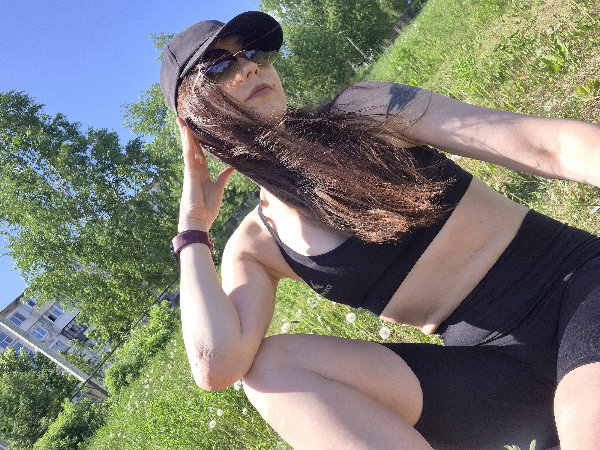 Morning workout session documented in dandelion field