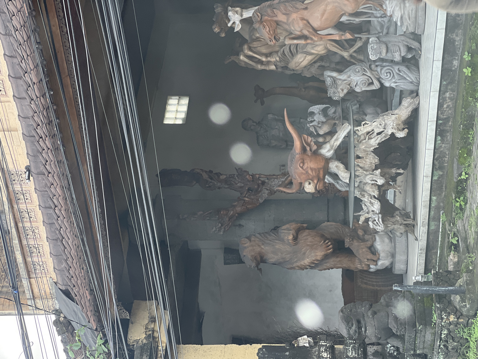 Motorcycle ride through Ubud's wooden sculpture shops captured