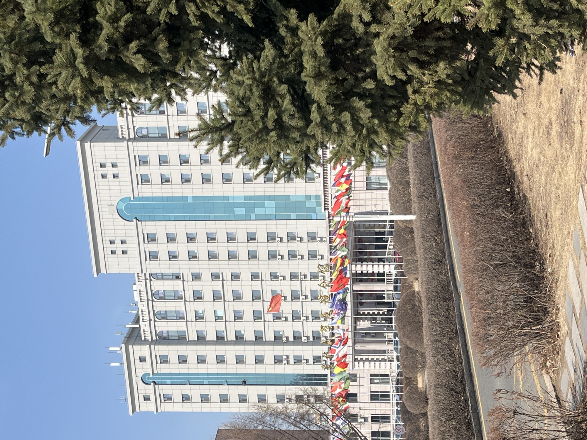 Flag-decorated building and parked vehicles observed in Changchun