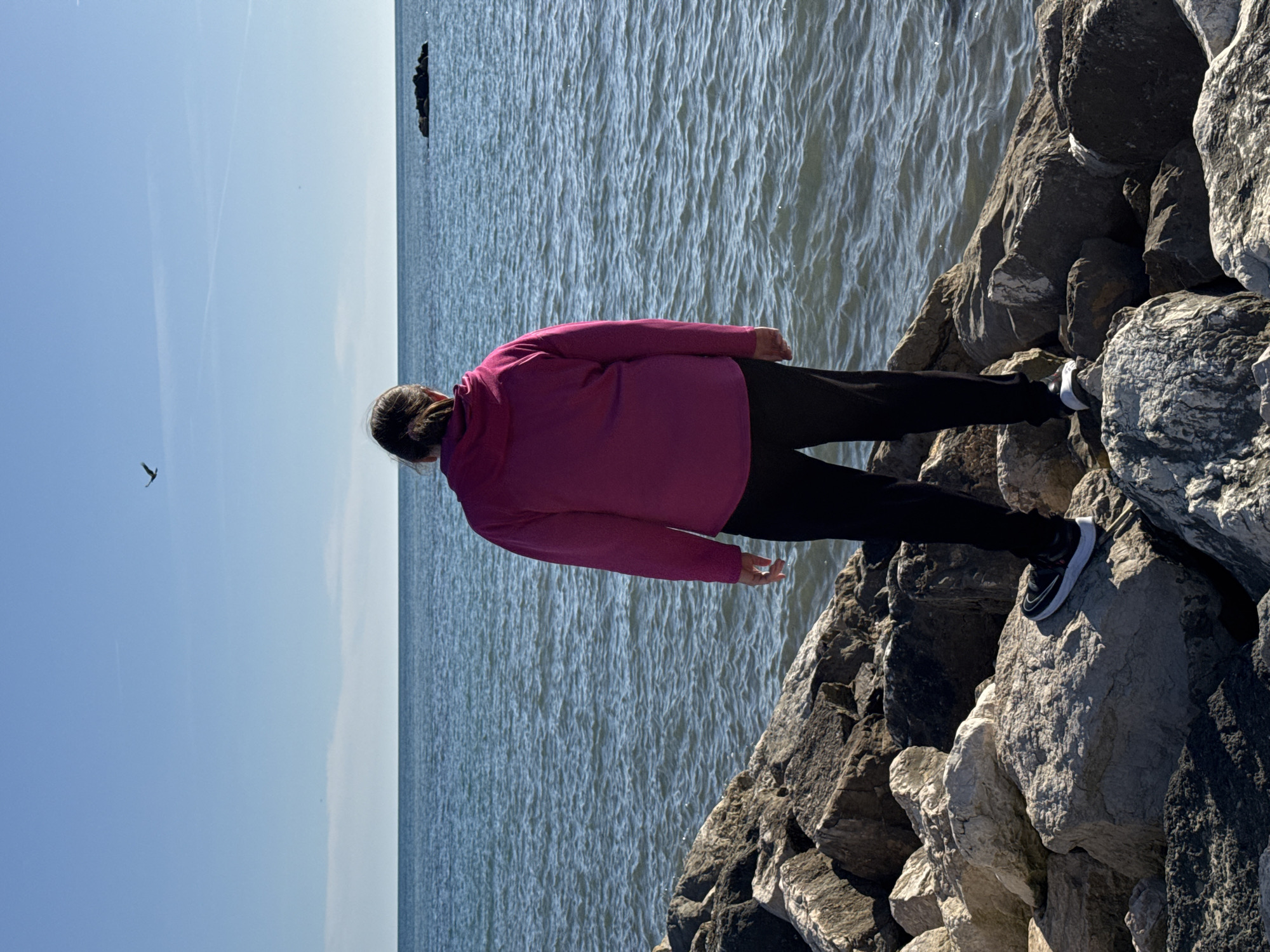 Person stands on rocky breakwater in sunny Nettuno coastal scene
