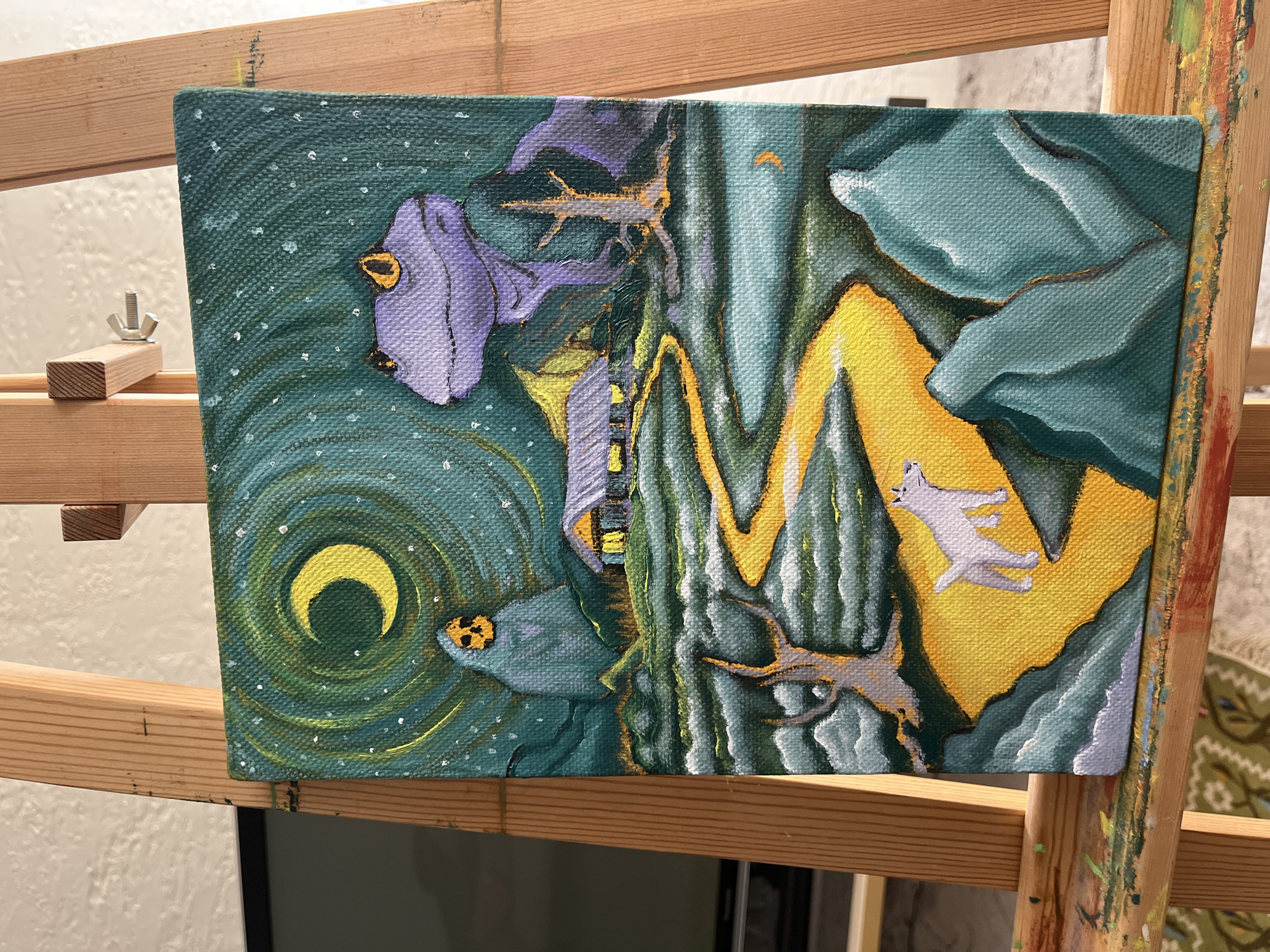 Abstract landscape painting displayed on easel features vibrant colors
