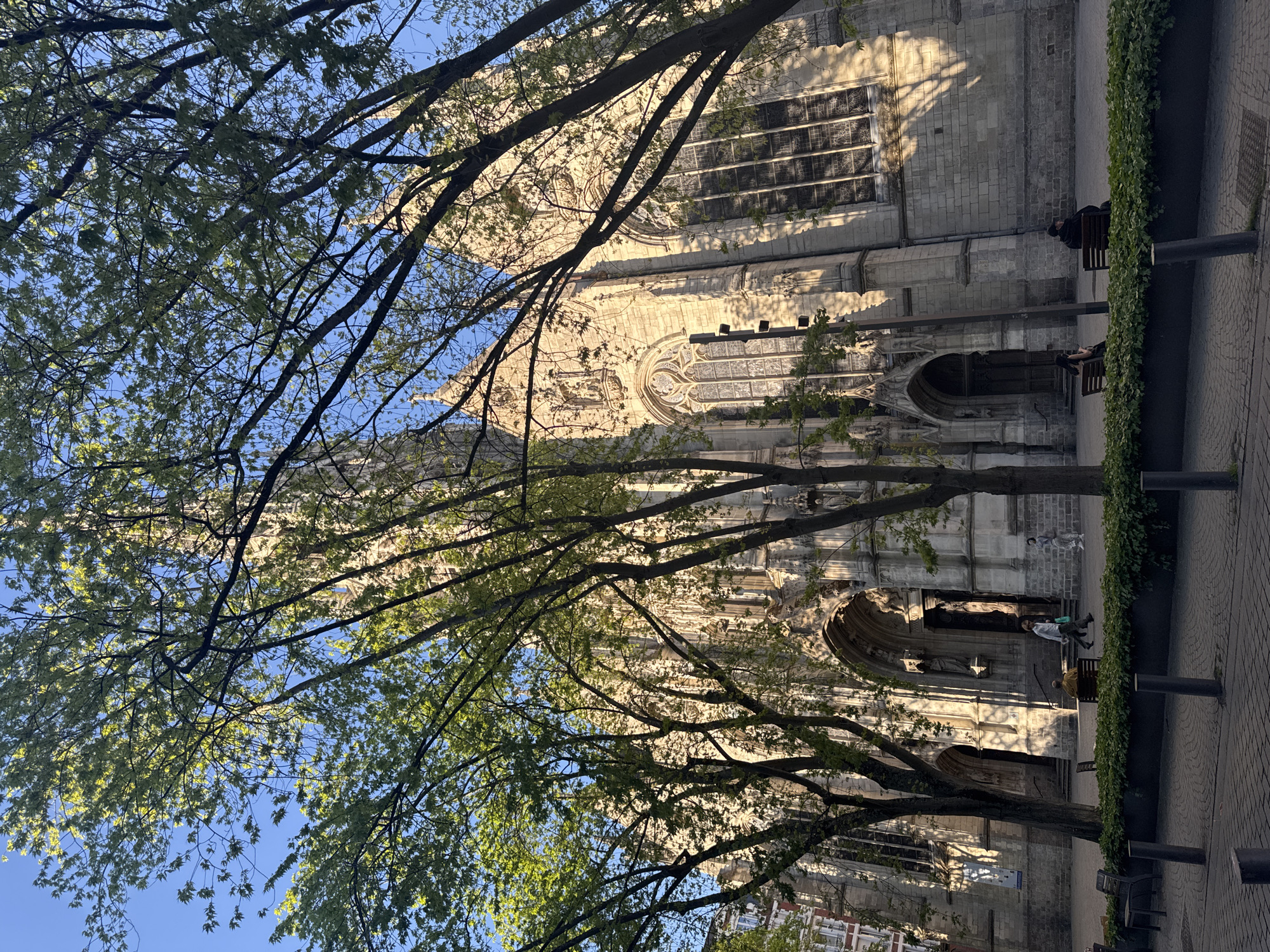 Spring afternoon scenes documented in Lille: cathedral through trees, skateboard display