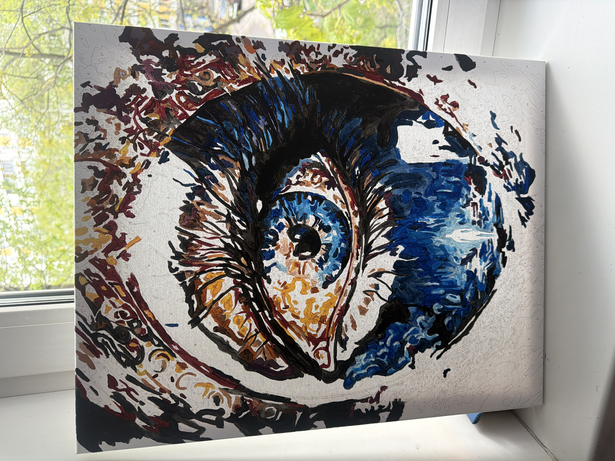 Paint-by-numbers eye artwork captured on Moscow windowsill