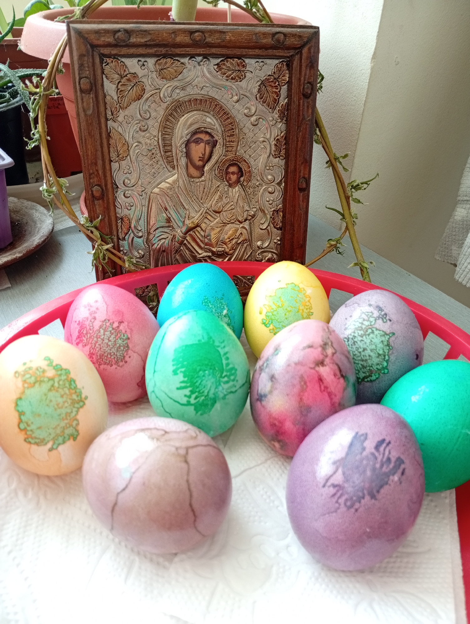 Colorful Easter eggs displayed in basket in Bulgaria