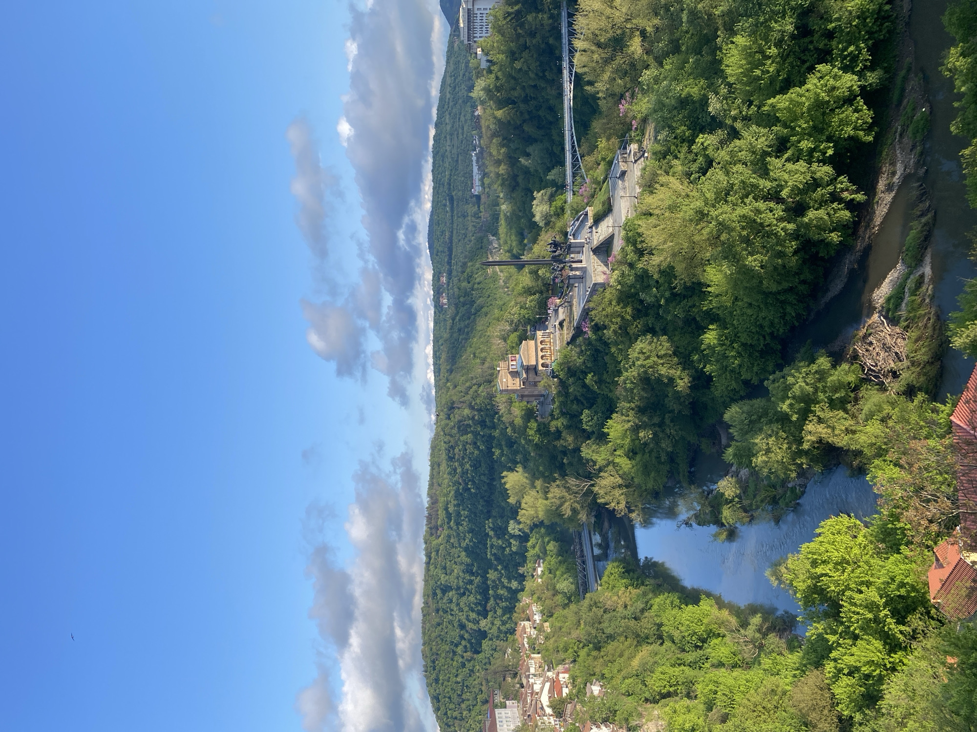 River valley town documented in aerial survey footage