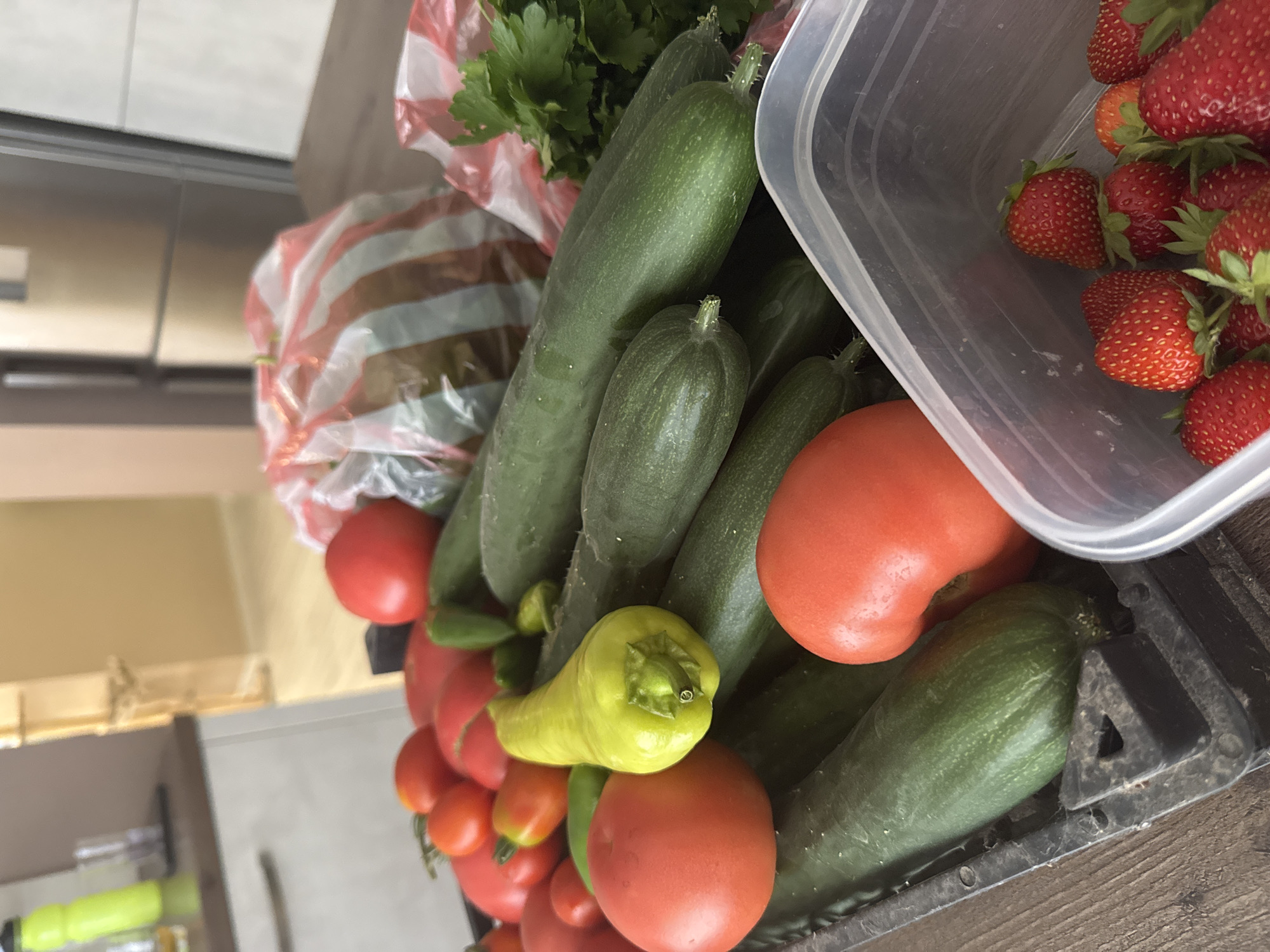 Fresh produce and a city twilight, same afternoon