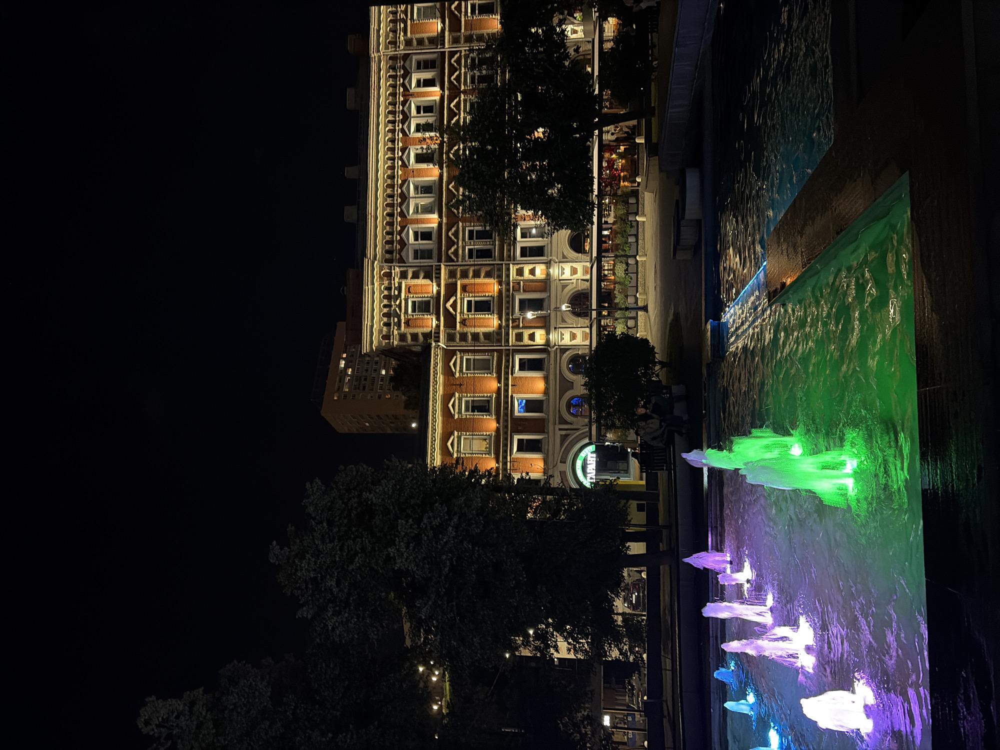 City landmarks at night: fountain, statue, and domed church