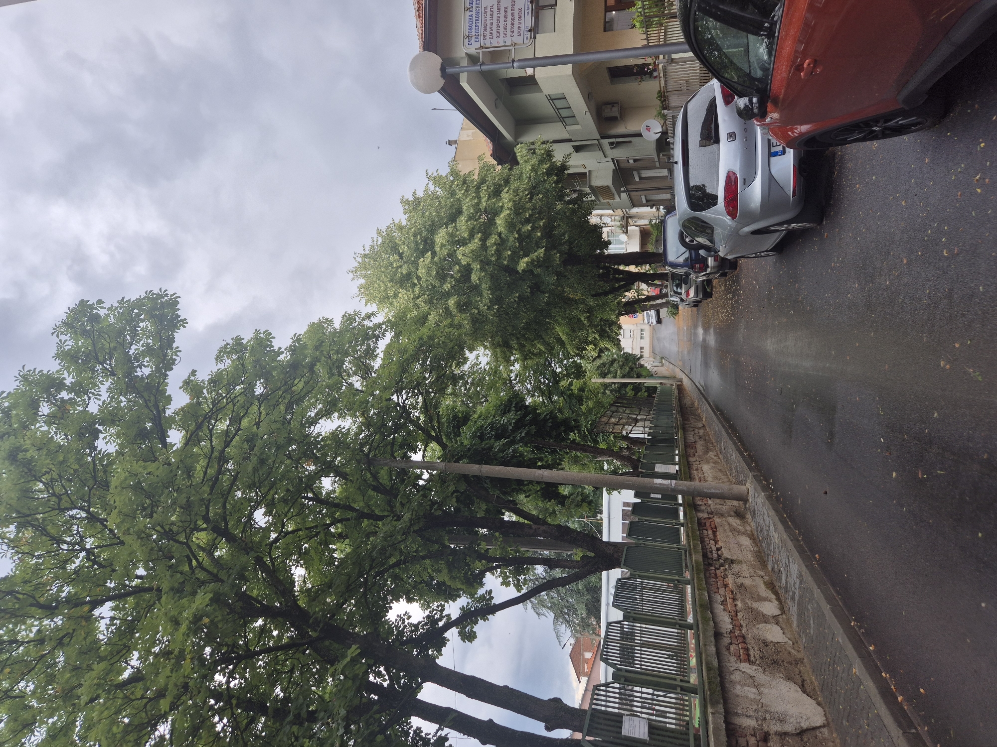Rainy afternoon streets and a relaxed moment on wooden stairs