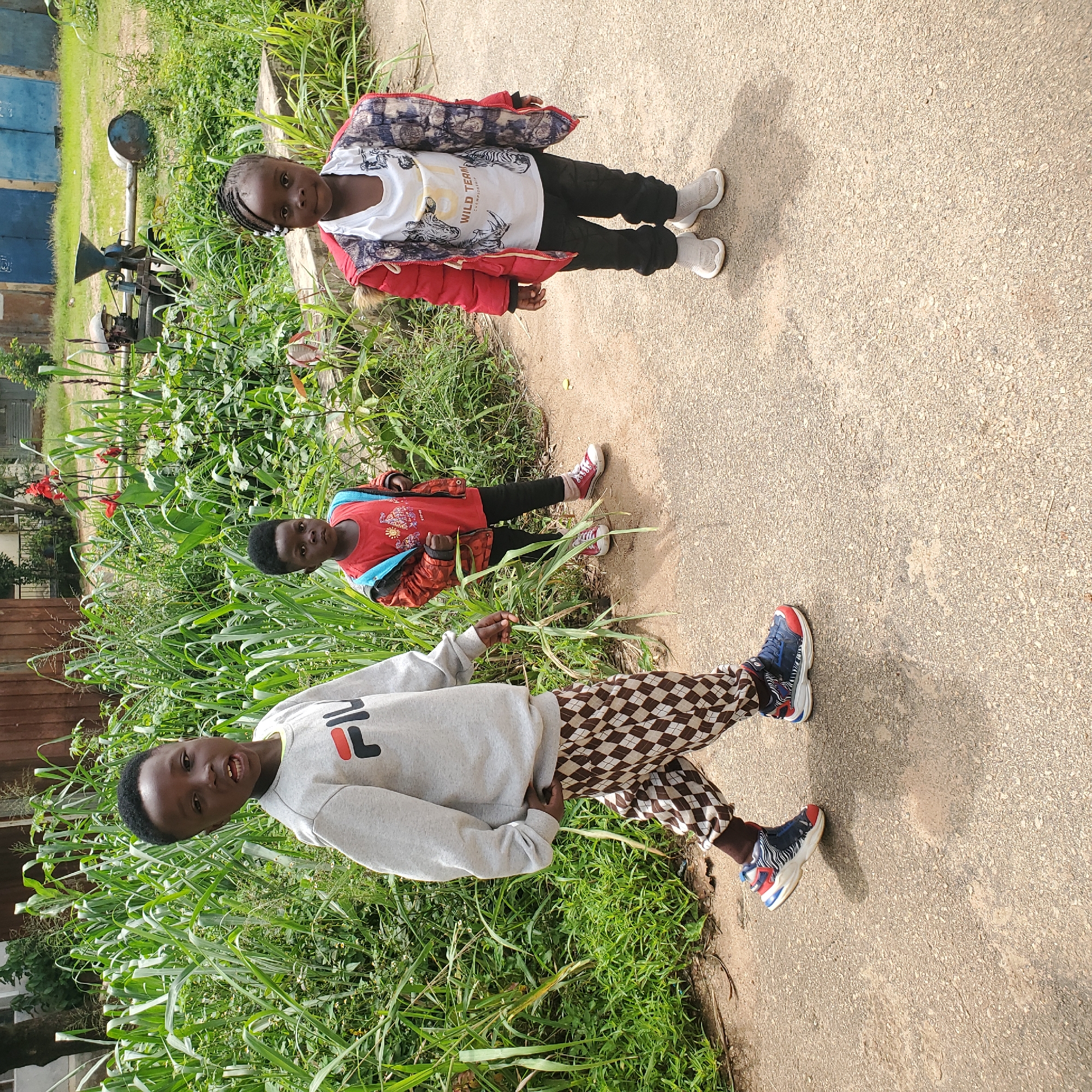 Kids drum, dance, and play in a sunny rural outdoor setting.