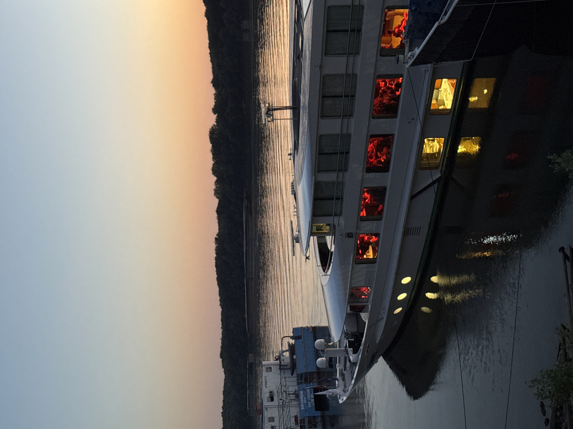 River cruise ships docked at Ruse's Danube embankment at dusk