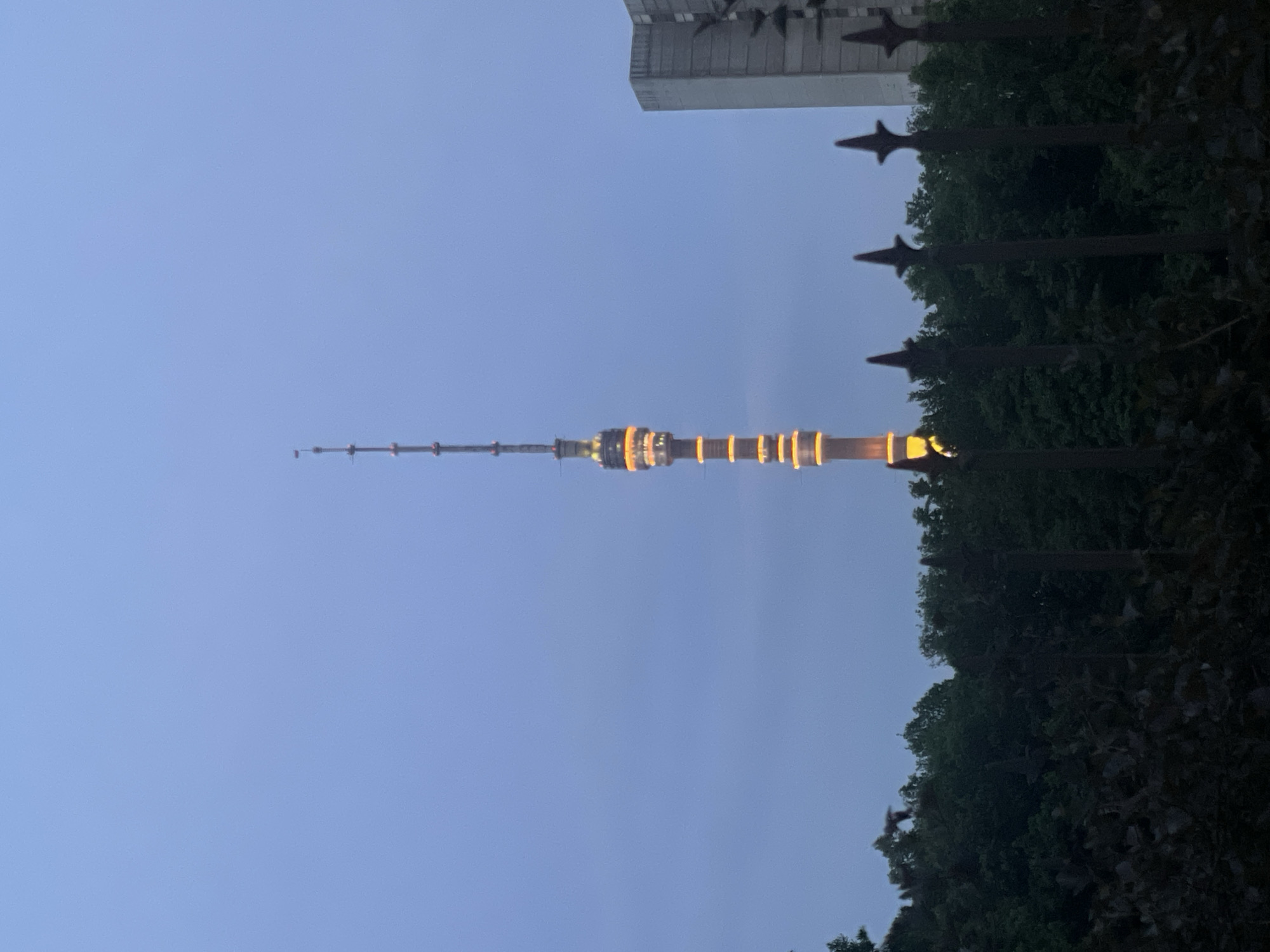 Moscow's Ostankino Tower illuminated at dusk