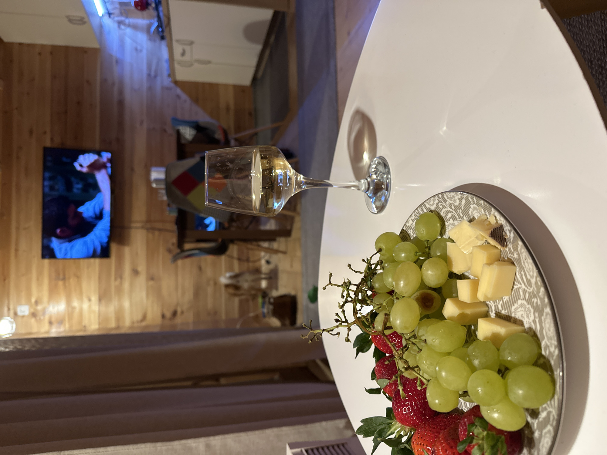 Indoor dining scene with grapes captured in Montenegro