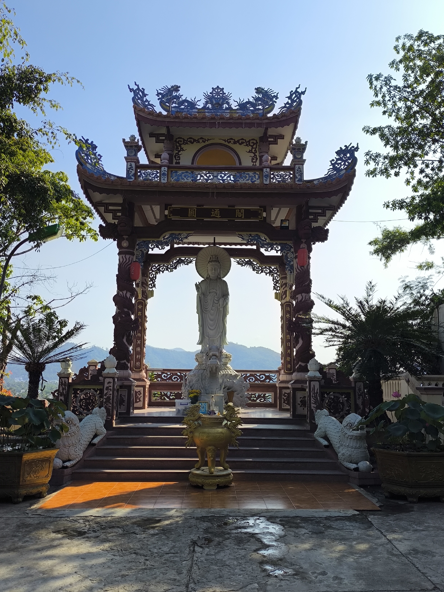 Buddhist temple complex in Nha Trang, ornate details and city views