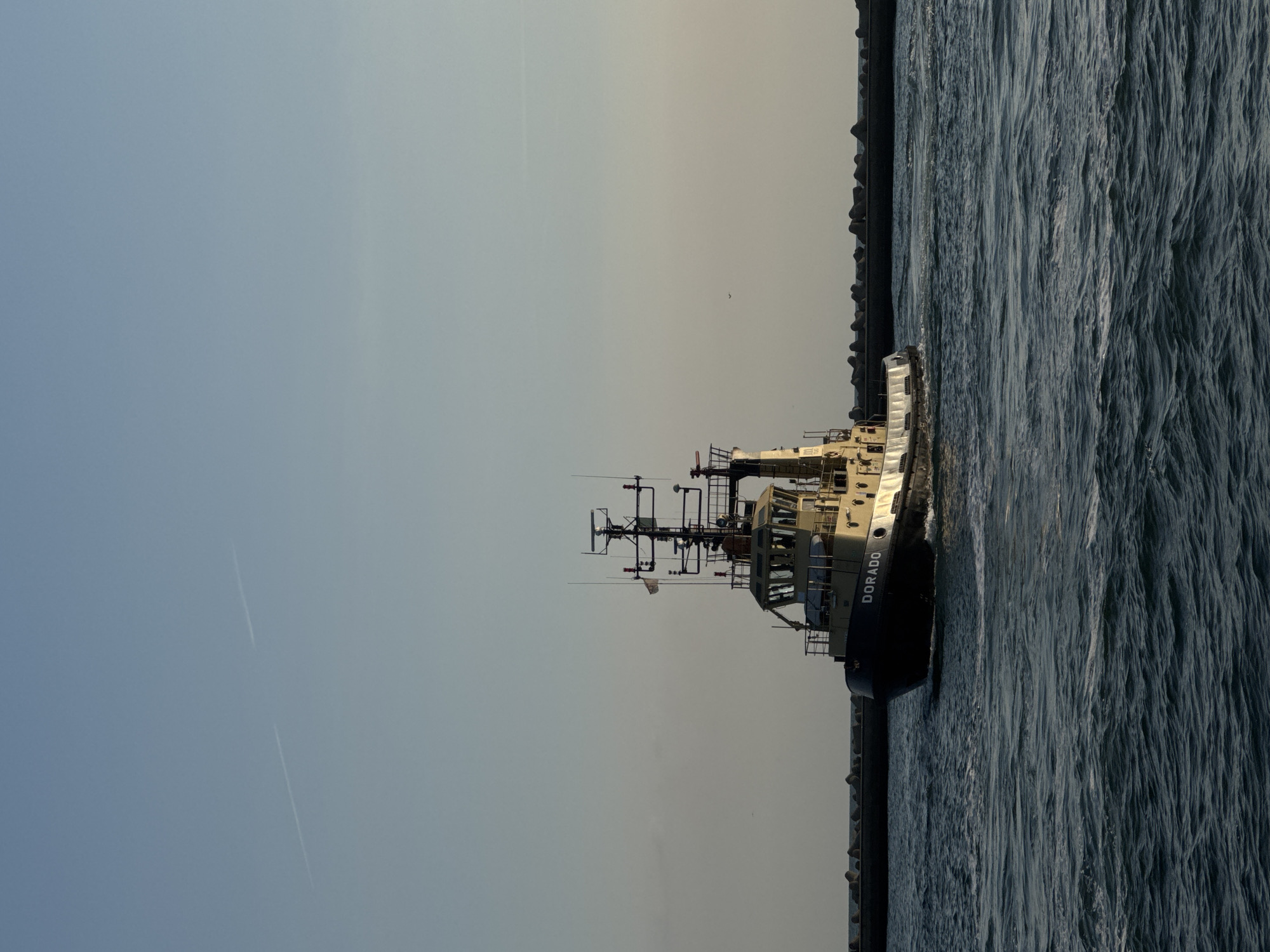Tugboats and a container ship working the Ravenna port approaches