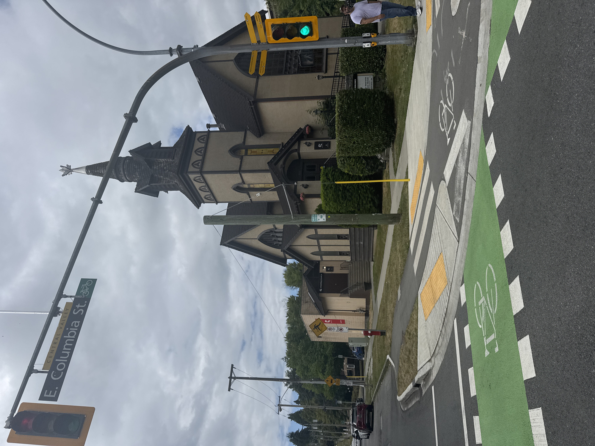 Church and traffic light at a New Westminster street corner