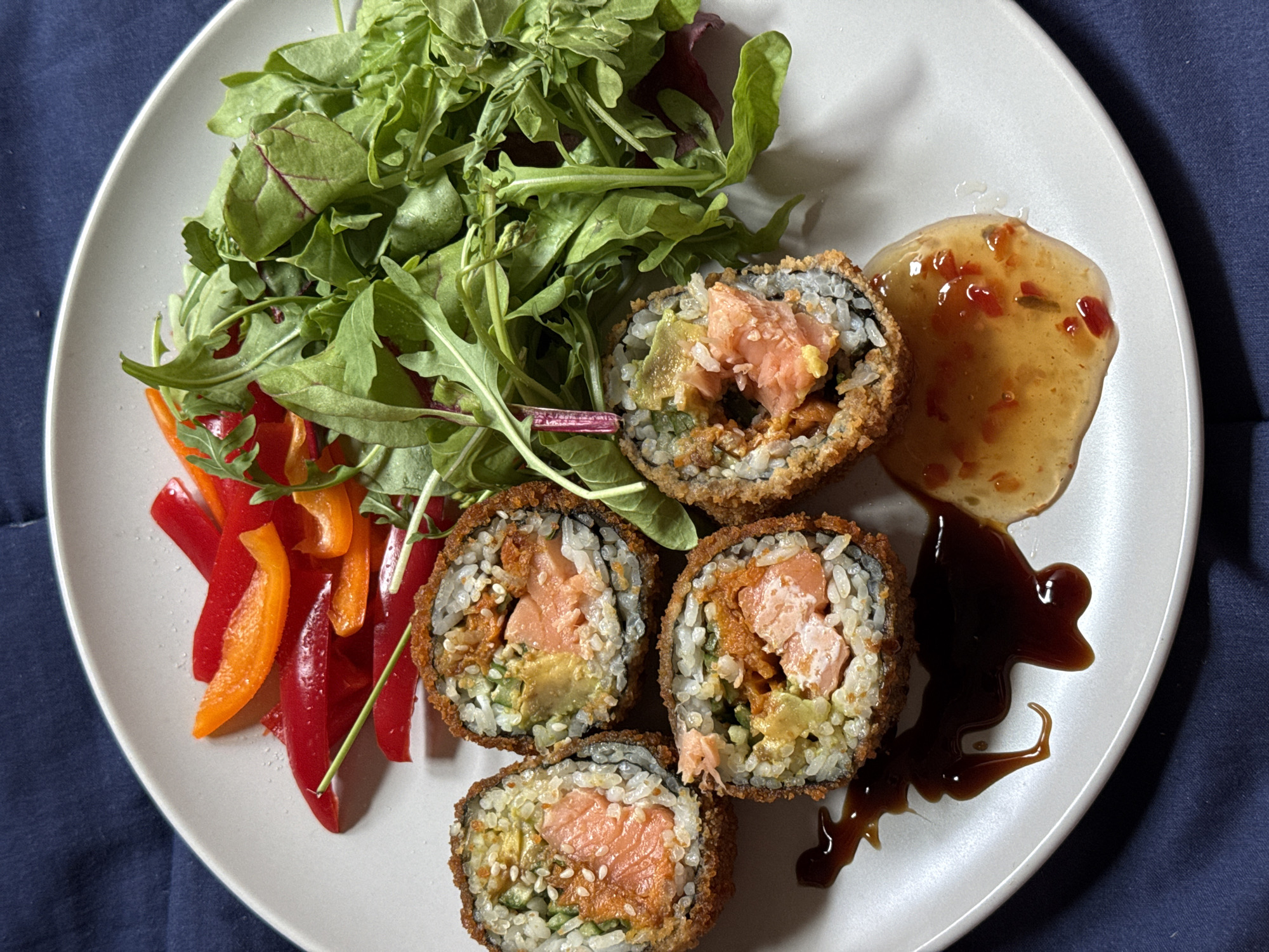 Deep-fried sushi meal photographed in Tel Aviv