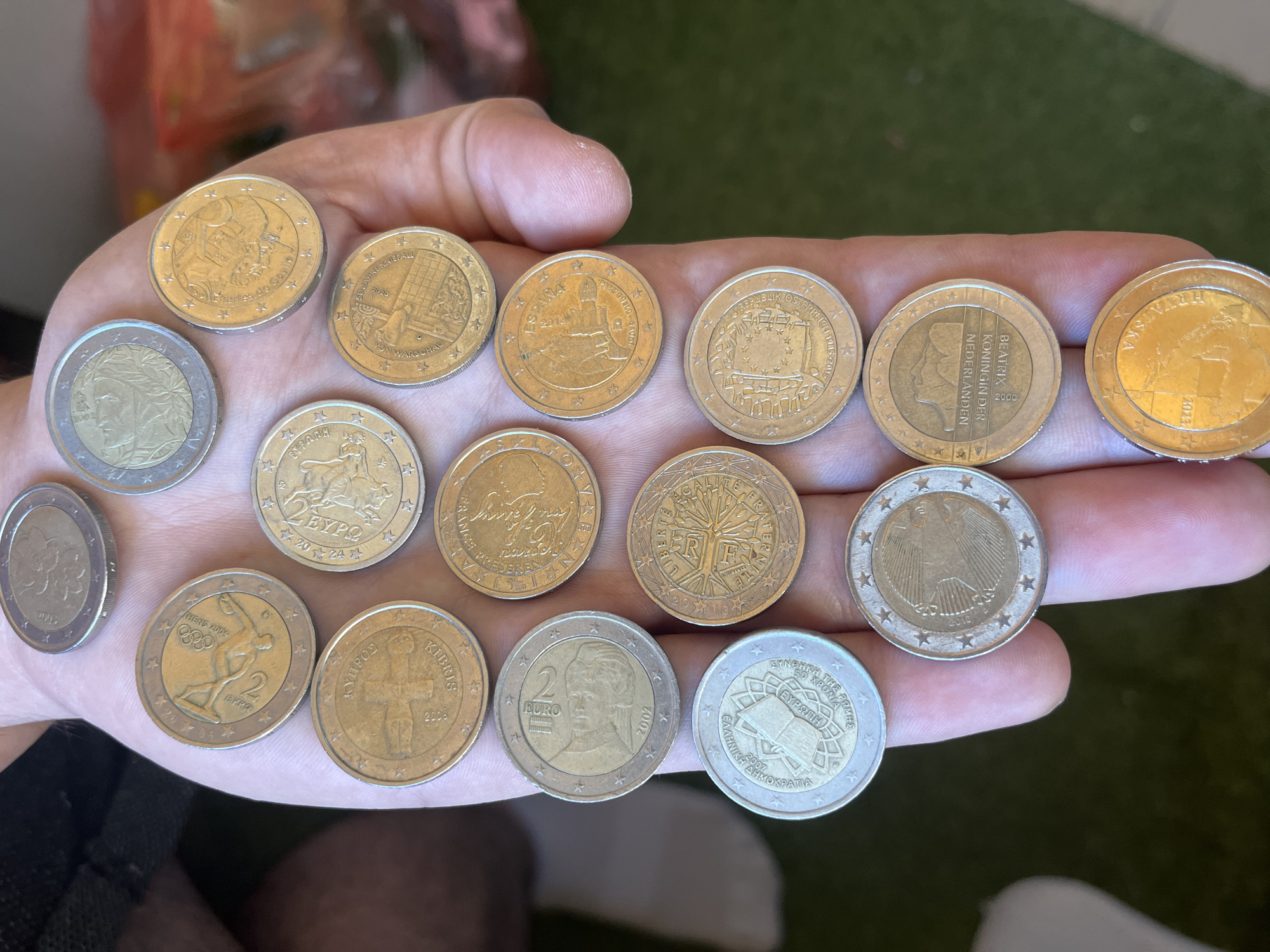 Collection of 16 commemorative 2 Euro coins documented in Plovdiv