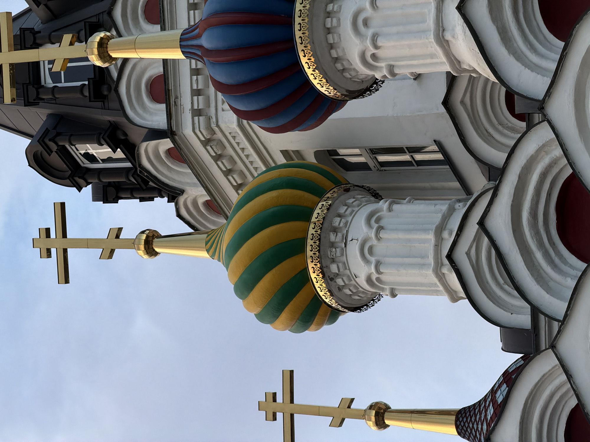 Saratov pedestrian street and cathedral domes at dusk