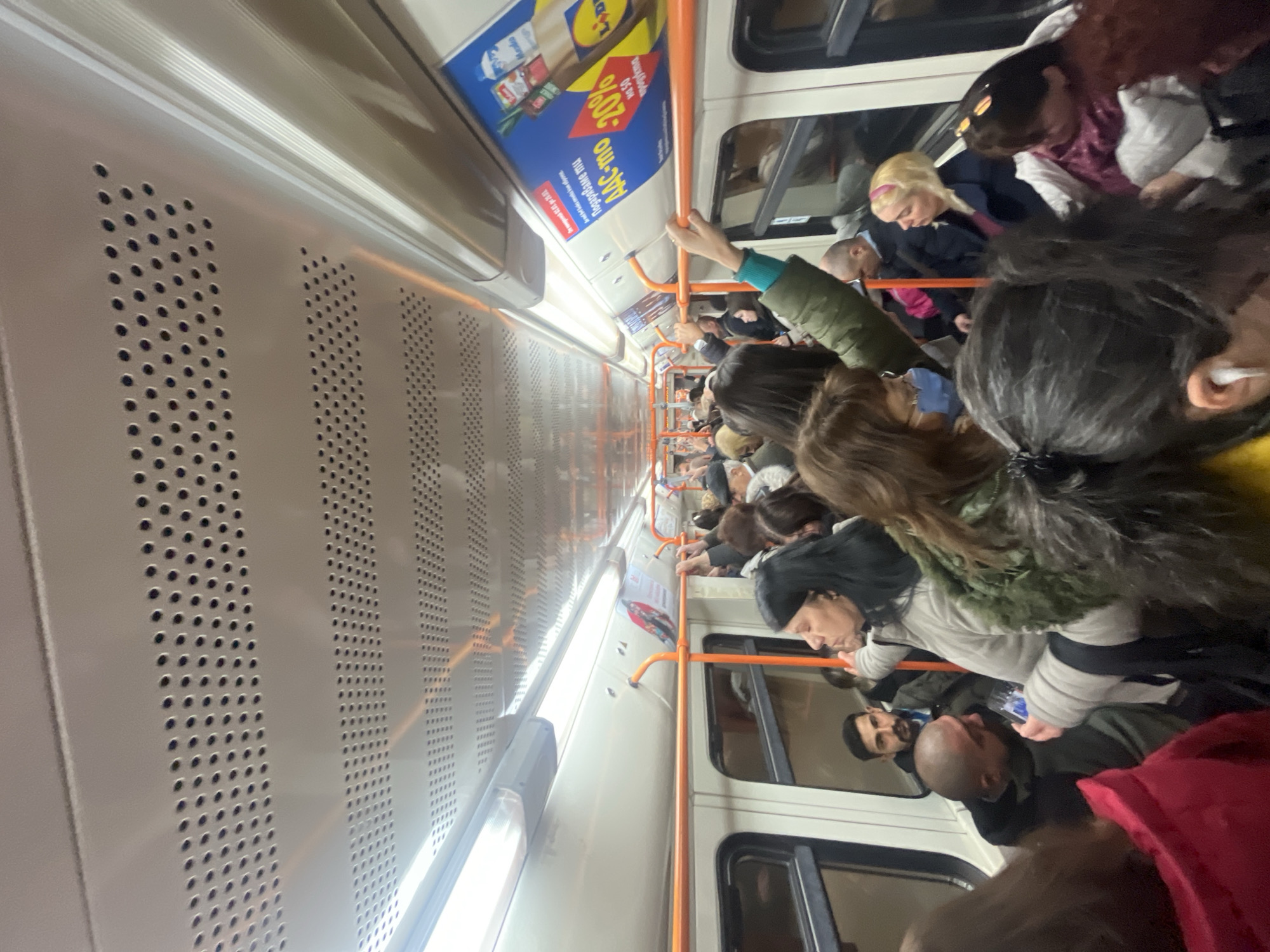 Rush hour crowd packs Sofia subway car