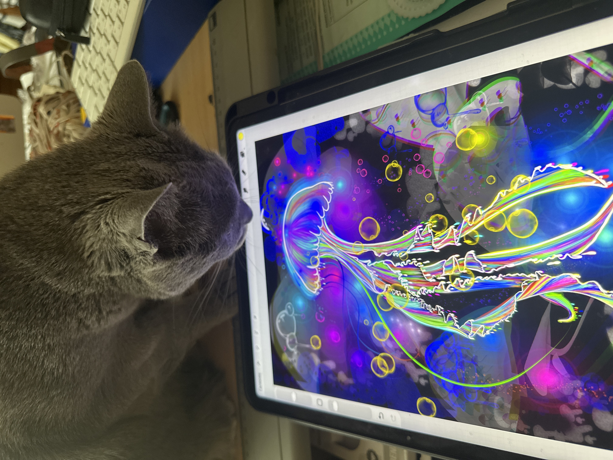 Cat inspects neon jellyfish art on tablet; elephant calendar nearby