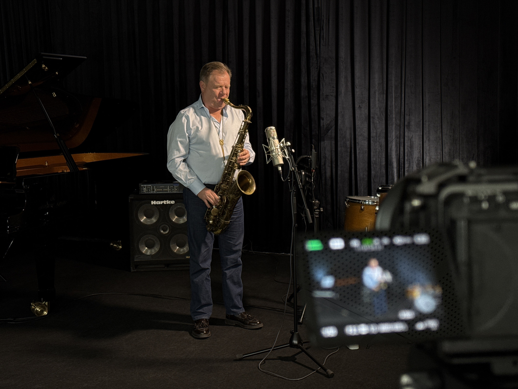 Saxophonist performs in Moscow recording studio