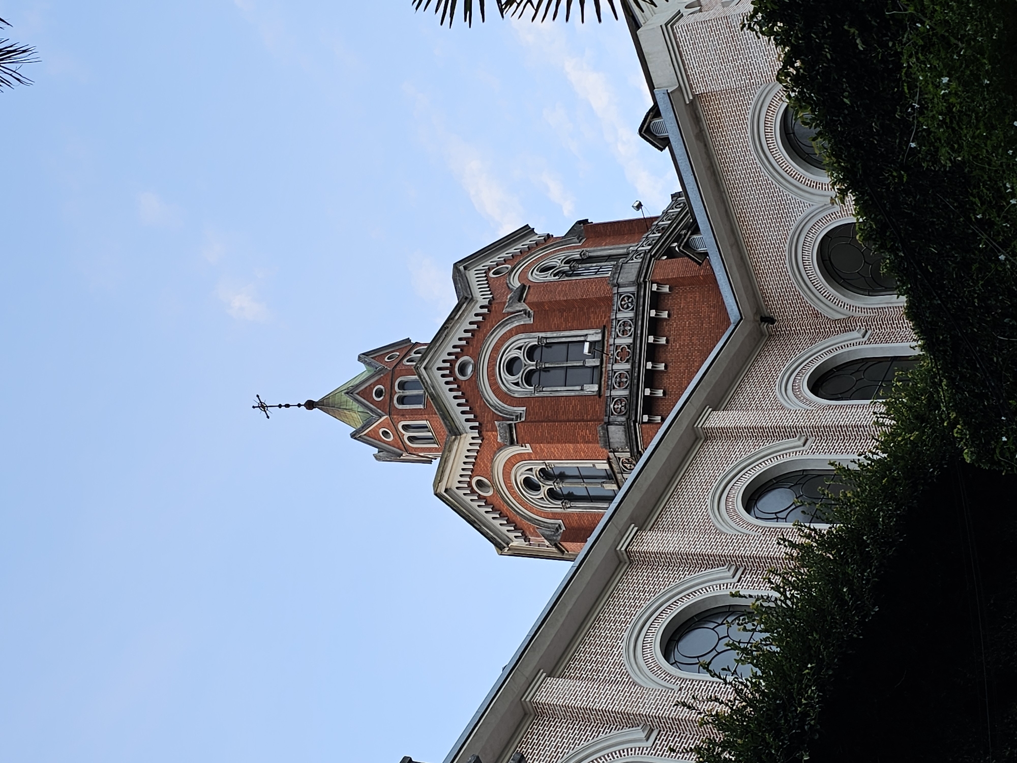 Church building photographed in Buenos Aires evening