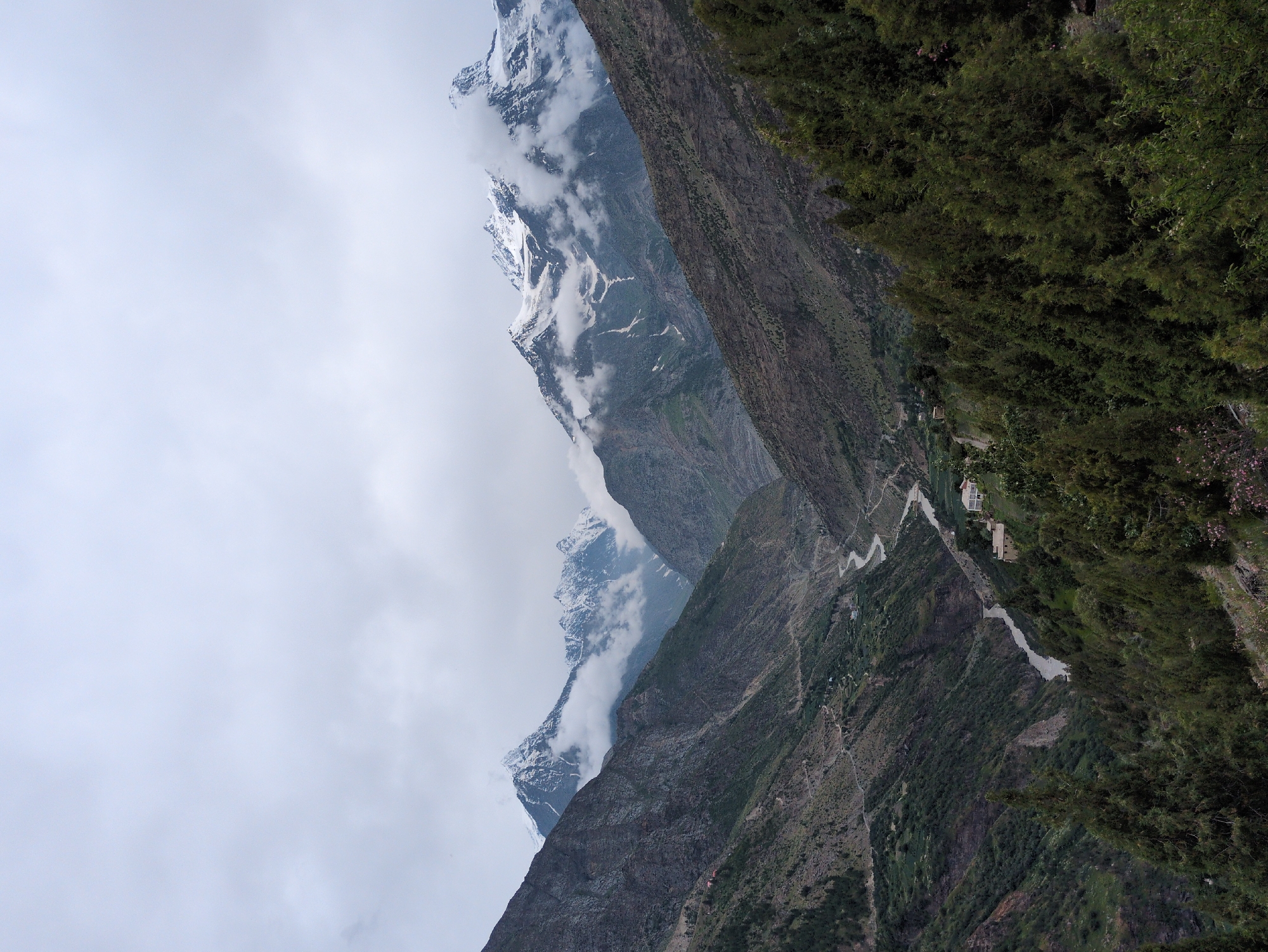 Keylong monastery and mountain valley on a July morning