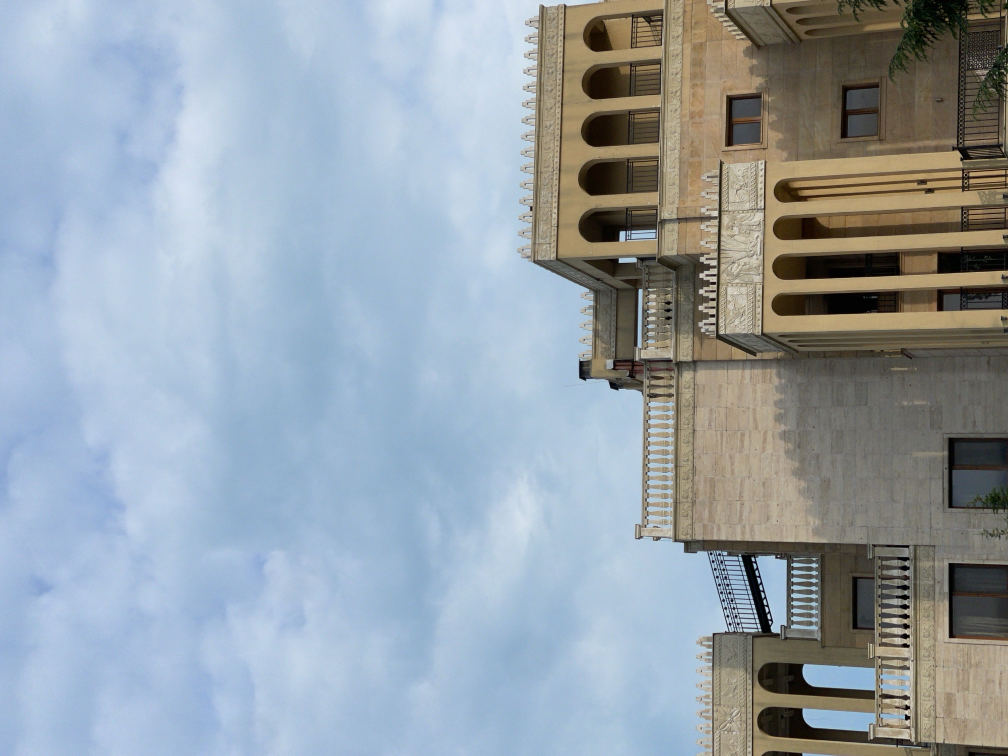 Ornate building photographed at unusual angle in Varna, Bulgaria